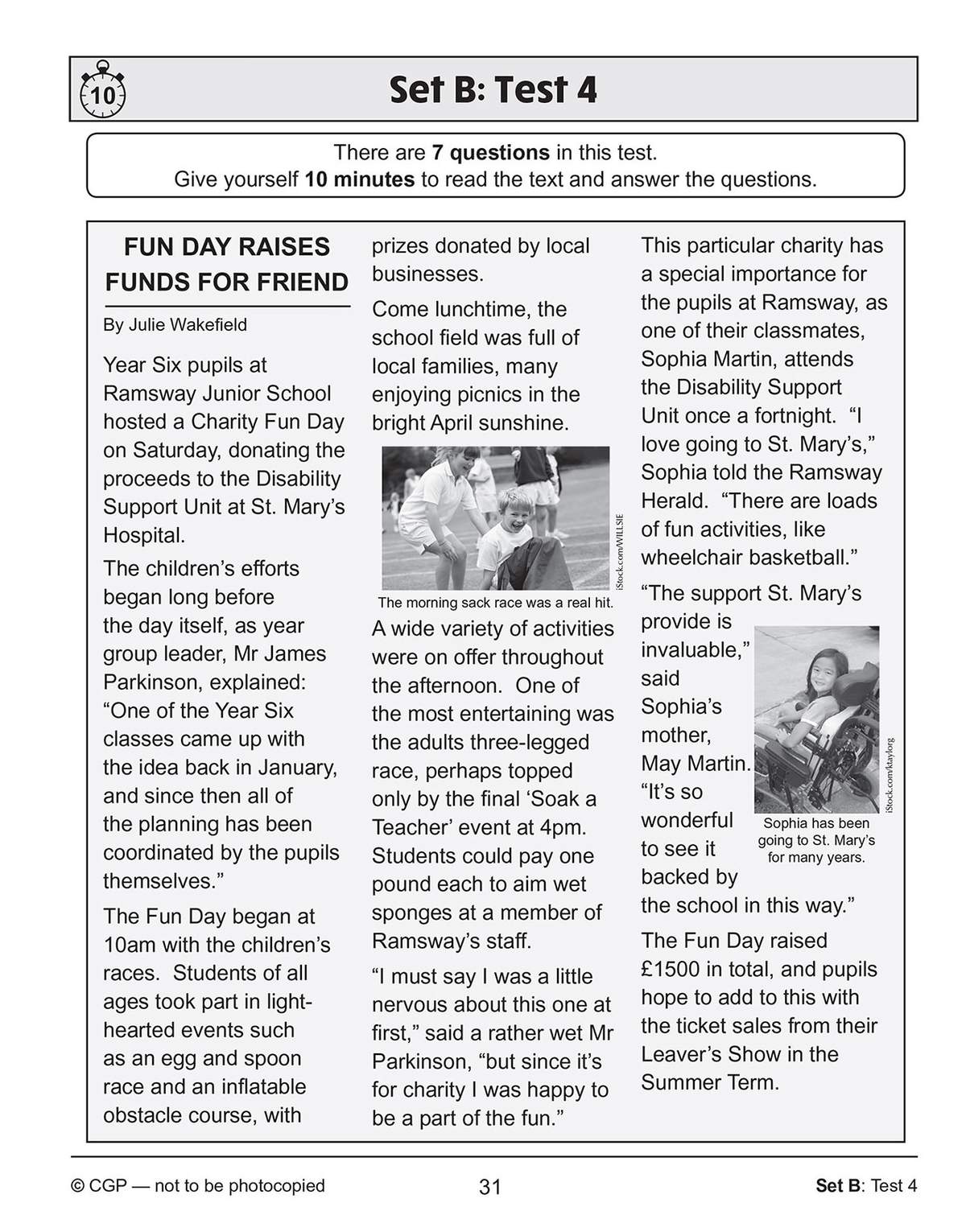 A news report about a school charity fun day, featuring photos of children and a girl in a wheelchair