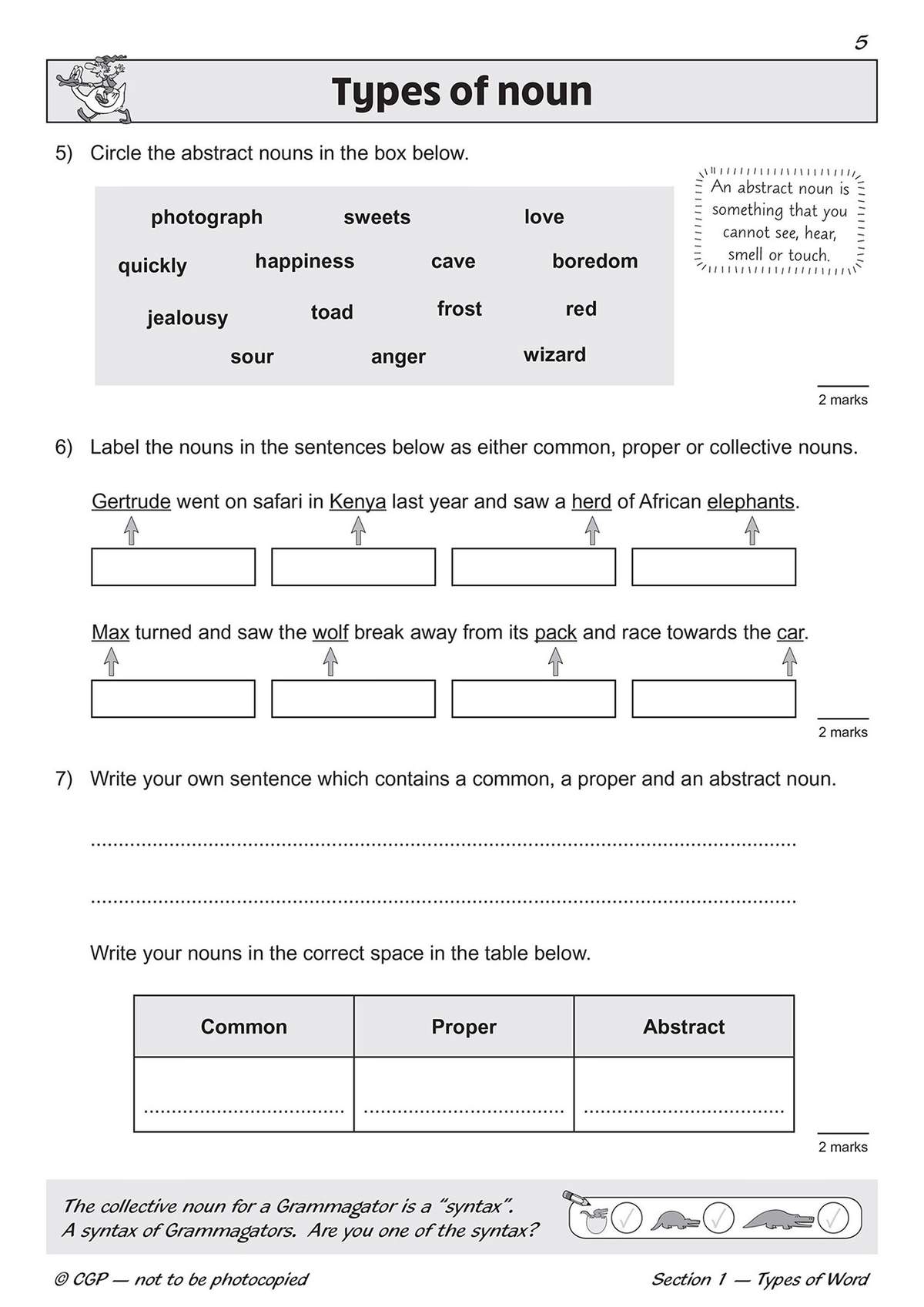 Children circle abstract nouns, label sentence nouns, write their own sentences and sort words into a table