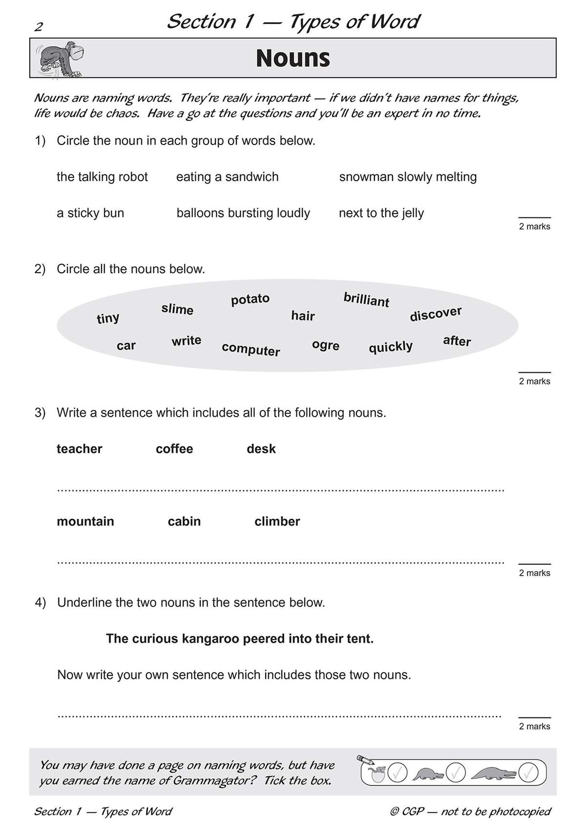Four exercises on identifying nouns, including circling words, writing sentences, and underlining nouns in a text