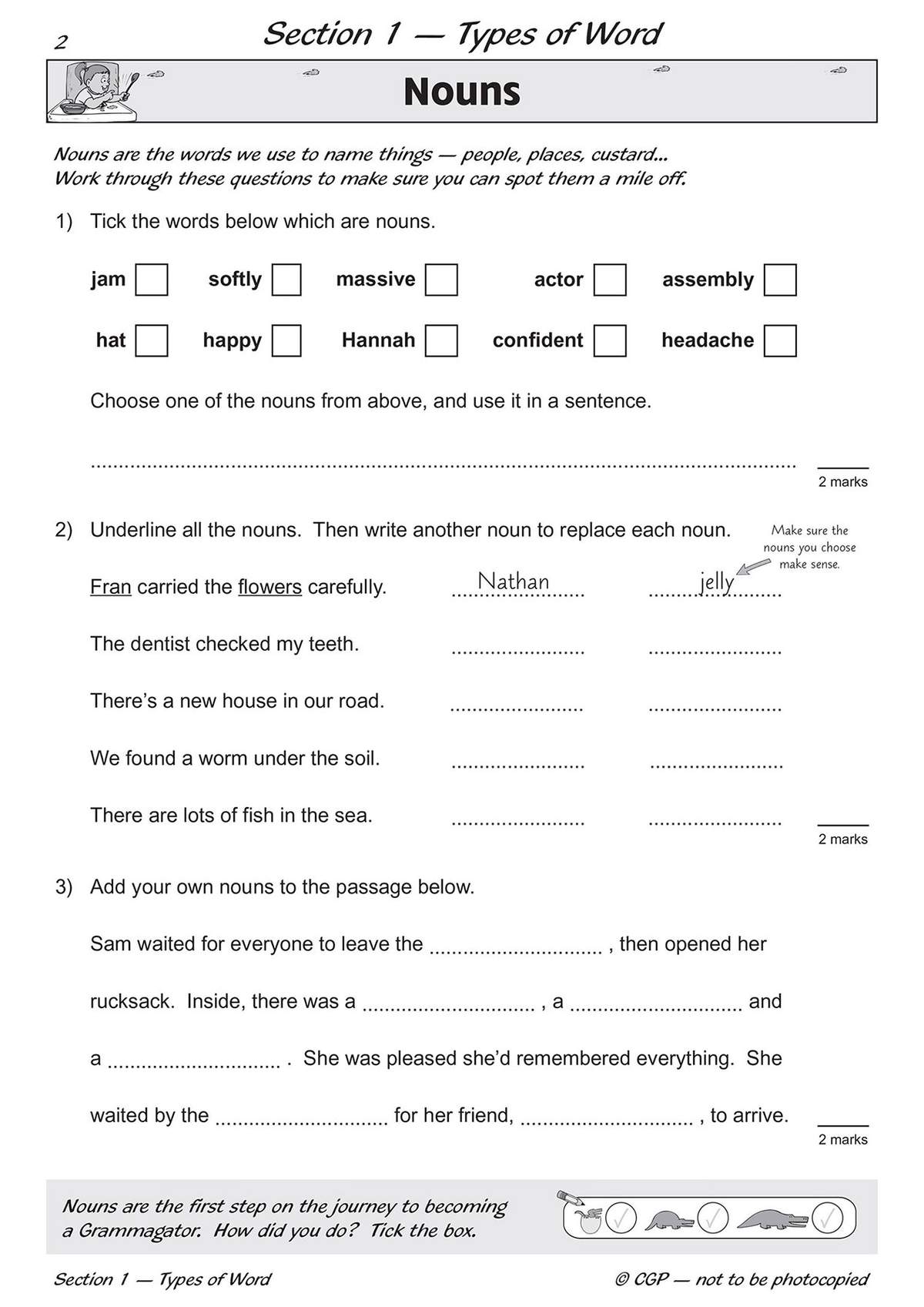 Children tick nouns from a list, underline them in sentences, and add their own to a short passage