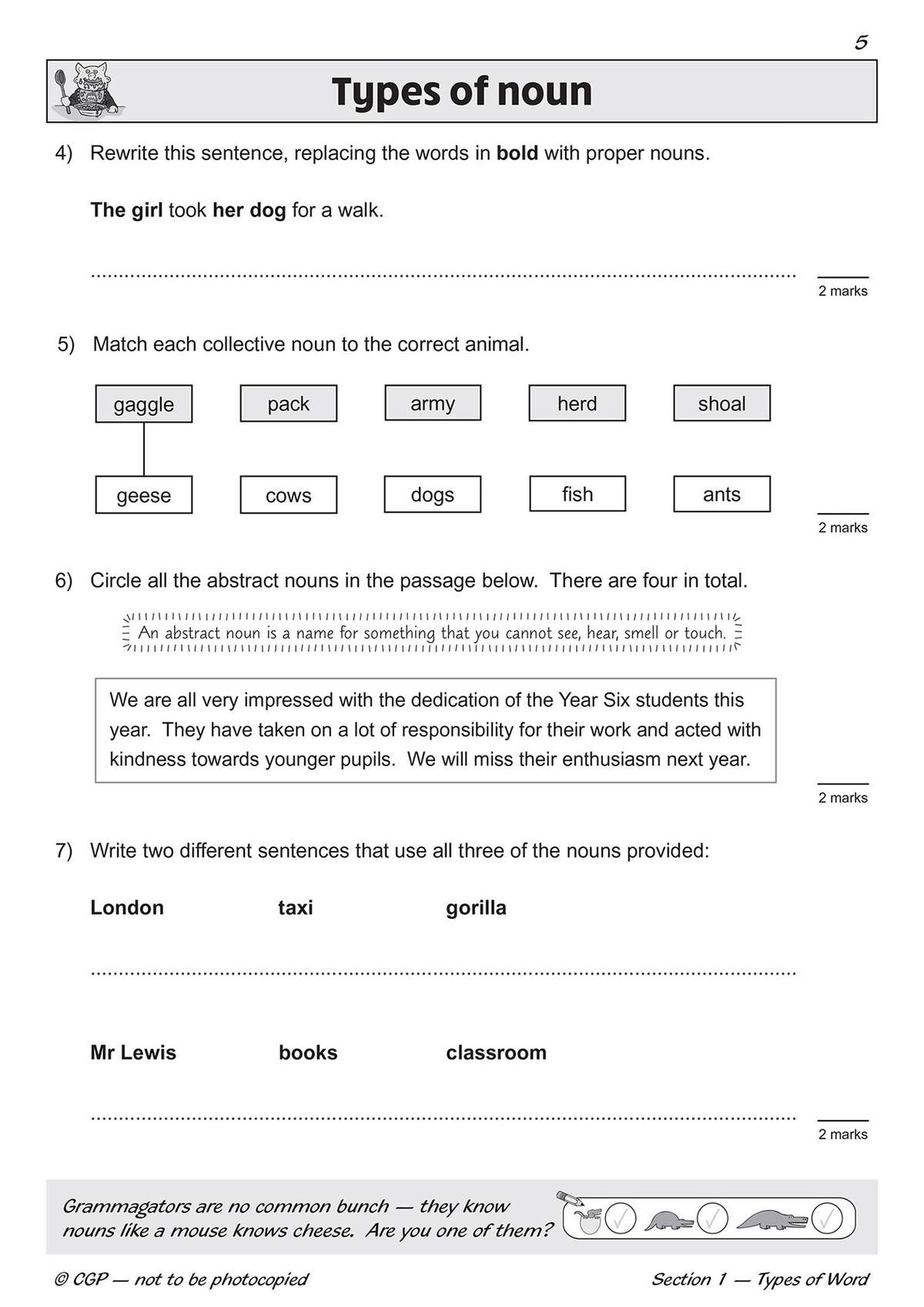 Pupils rewrite sentences, match collective nouns to animals, circle abstract nouns in a text and write sentences using given