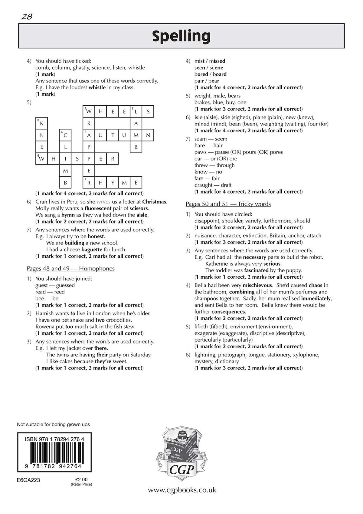 A page of spelling answers and mark schemes, with a crossword solution and a barcode at the bottom