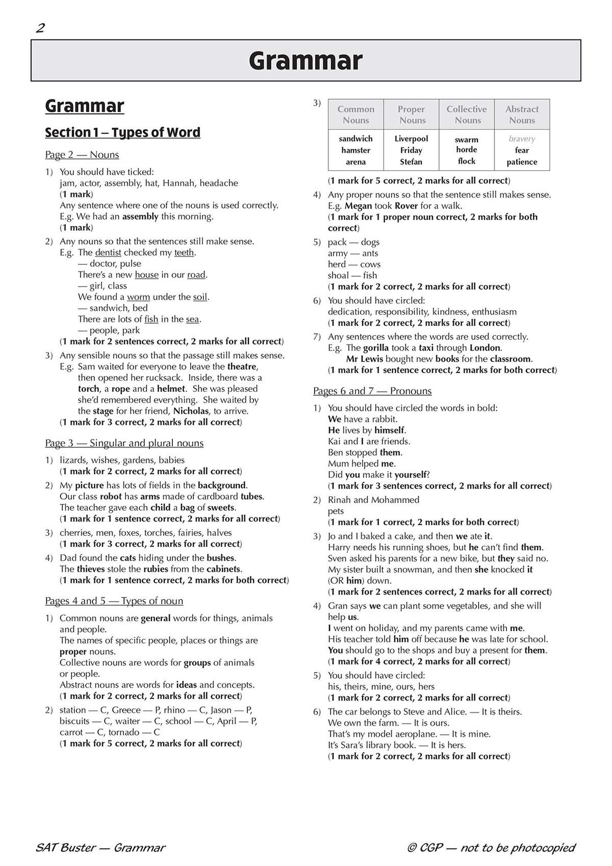 A page explaining the four types of noun with examples and rules, plus a table for practice