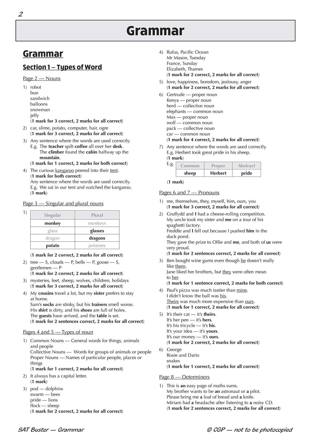 A grammar practice page with exercises on nouns, pronouns and determiners, including tables and sentences to complete