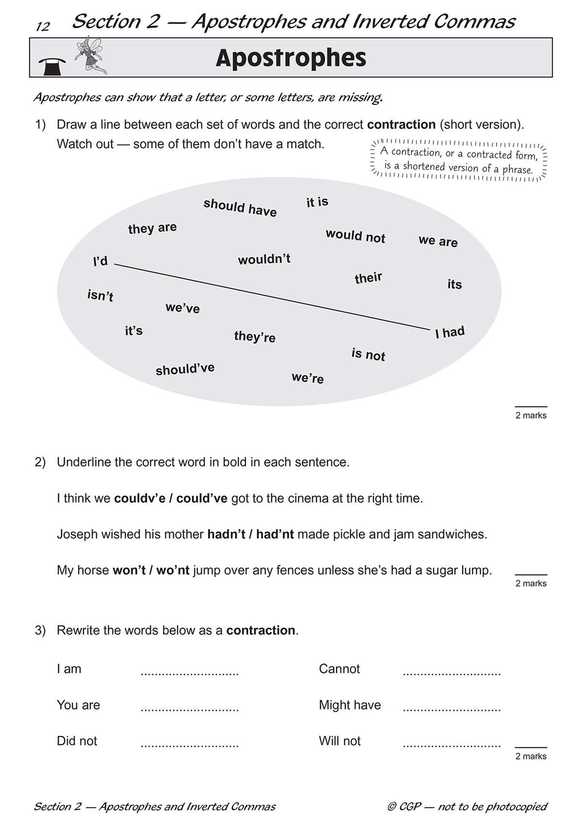 Children match words to contractions, underline correct spellings, and rewrite phrases to practise forming contractions
