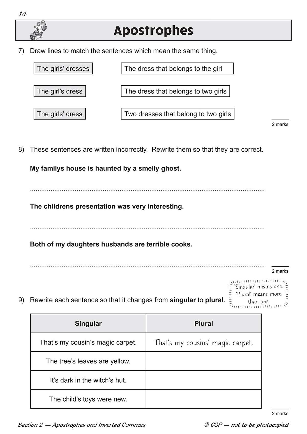 Children match sentences, correct errors, and rewrite singular to plural forms to master apostrophes