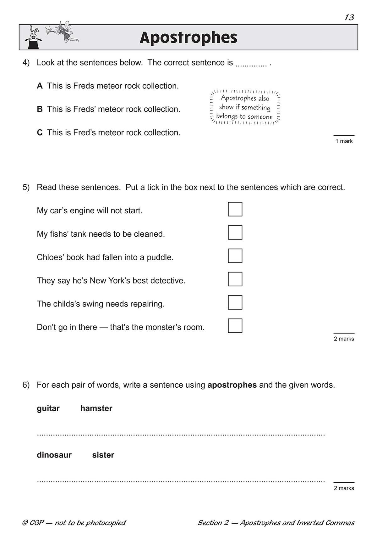 Three exercises on apostrophes, including multiple choice, ticking correct sentences, and writing sentences with given words