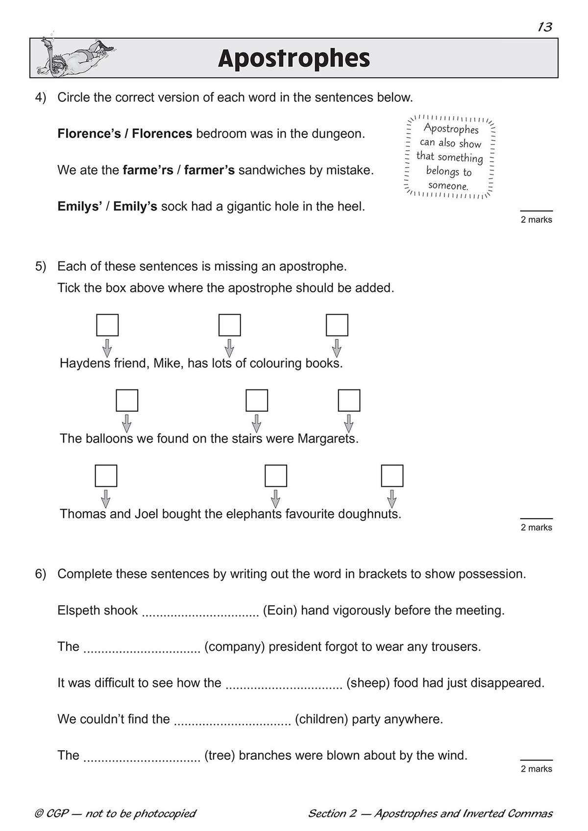 Three exercises on apostrophes, including circling correct forms, ticking boxes to add missing marks