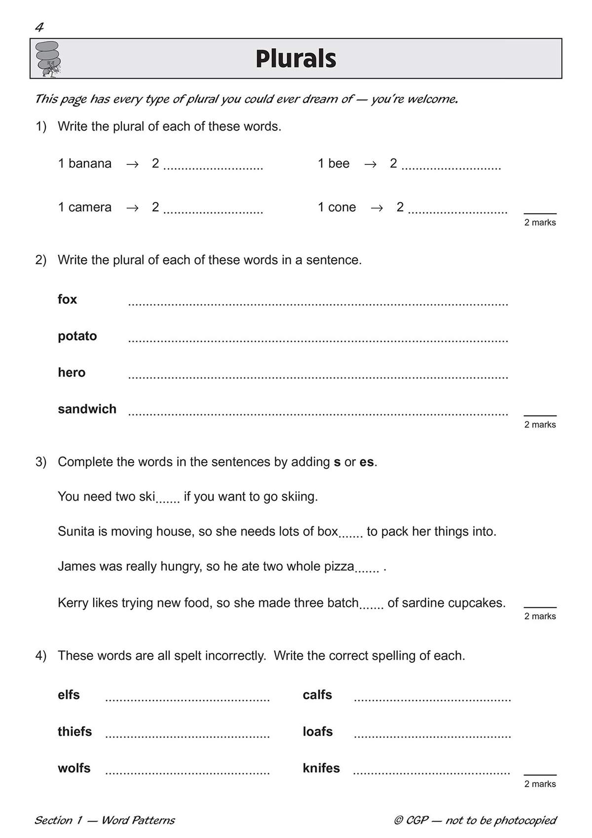 Children write plural forms of nouns, complete sentences with correct endings, and correct misspelled words