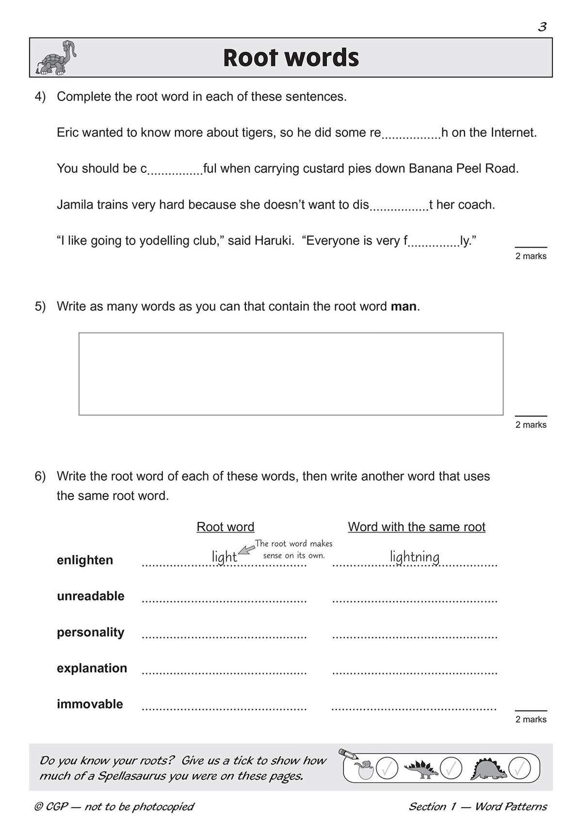 Children complete sentences with missing root words, list words containing 'man', and identify roots in a table