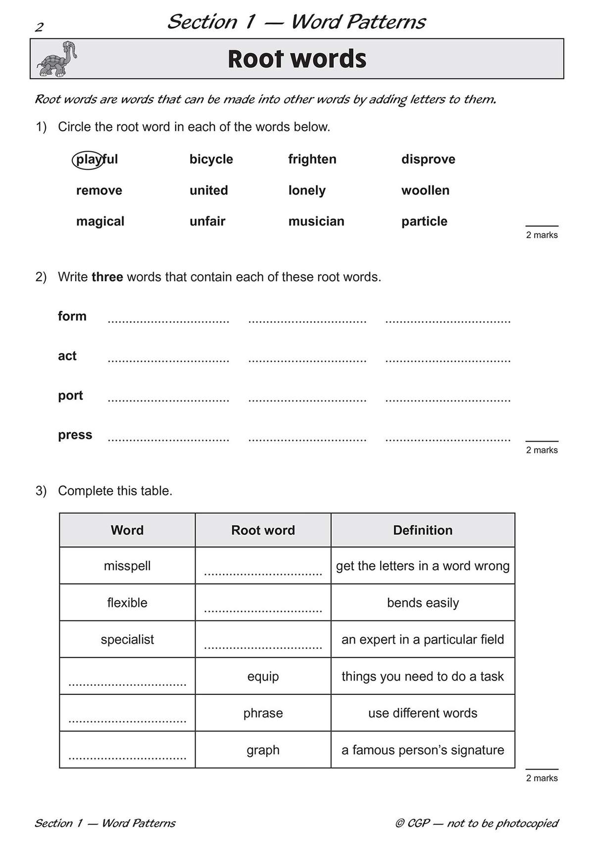 Children circle root words, write new words, and complete a table to match definitions