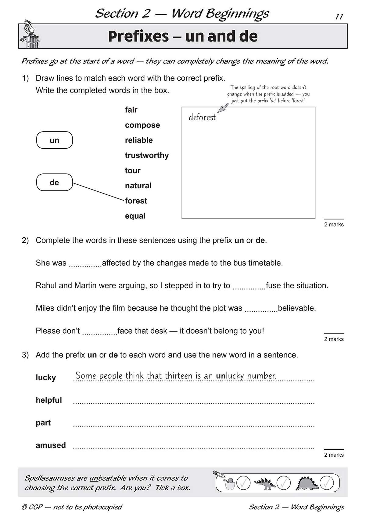 Children match words to prefixes, complete sentences with un or de, and write new words in sentences to master word