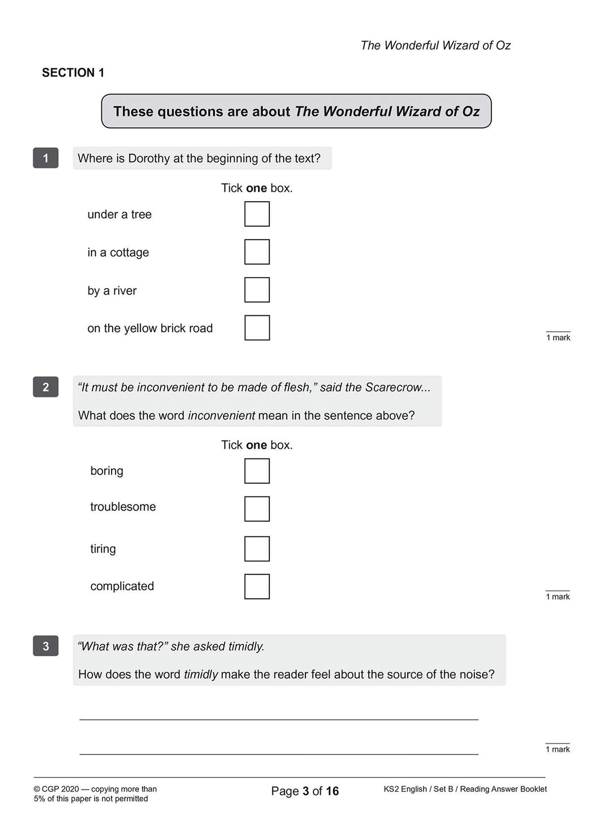 Three questions on The Wonderful Wizard of Oz, including multiple-choice and a short written answer