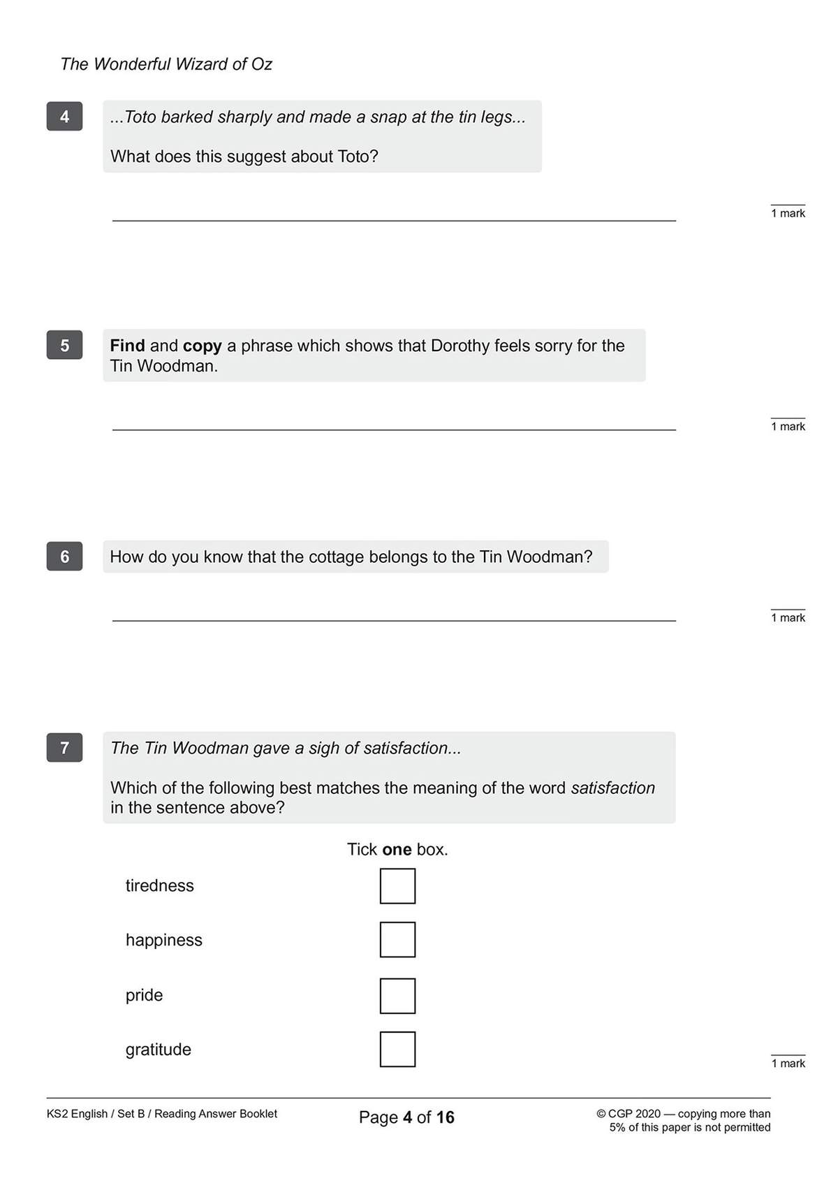 Four short questions on a text extract from The Wonderful Wizard of Oz, including a multiple-choice vocabulary task