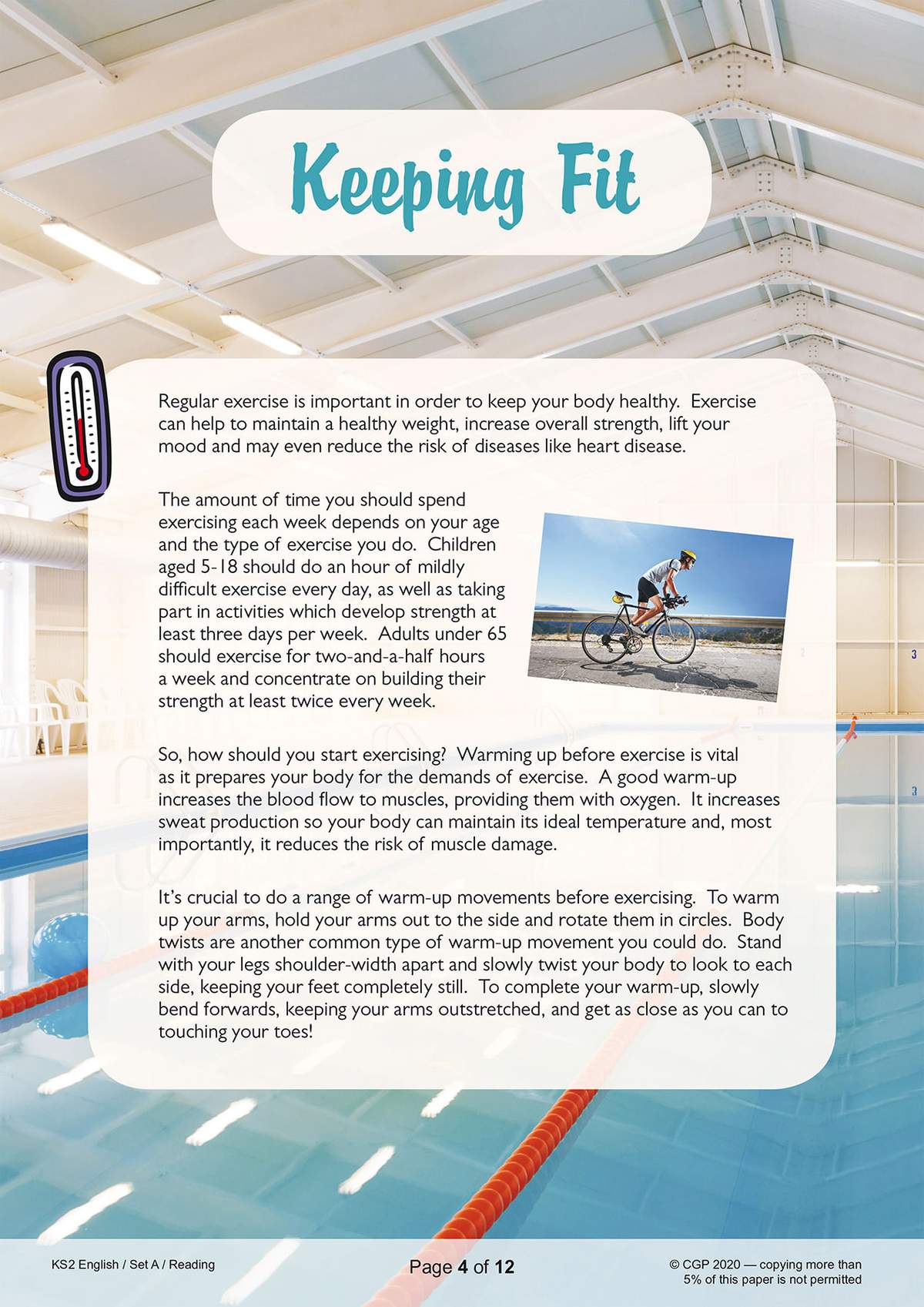 A text explaining the benefits of exercise and how to warm up, set against a swimming pool background