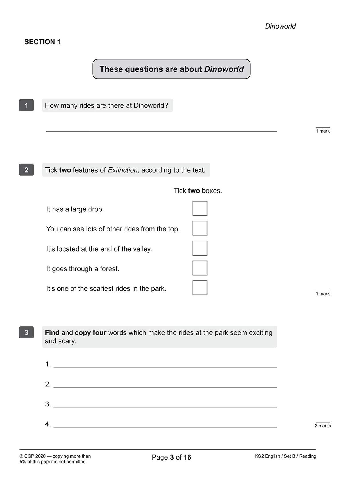Three questions on a fictional theme park, requiring a short answer, ticking two boxes, and copying four descriptive words