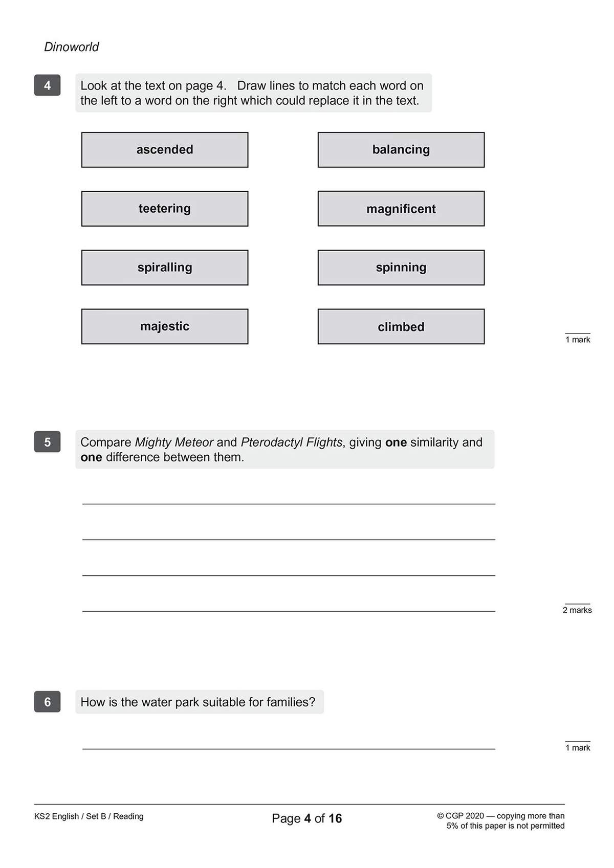 A matching exercise to link synonyms, followed by short written questions on a water park and dinosaur flights
