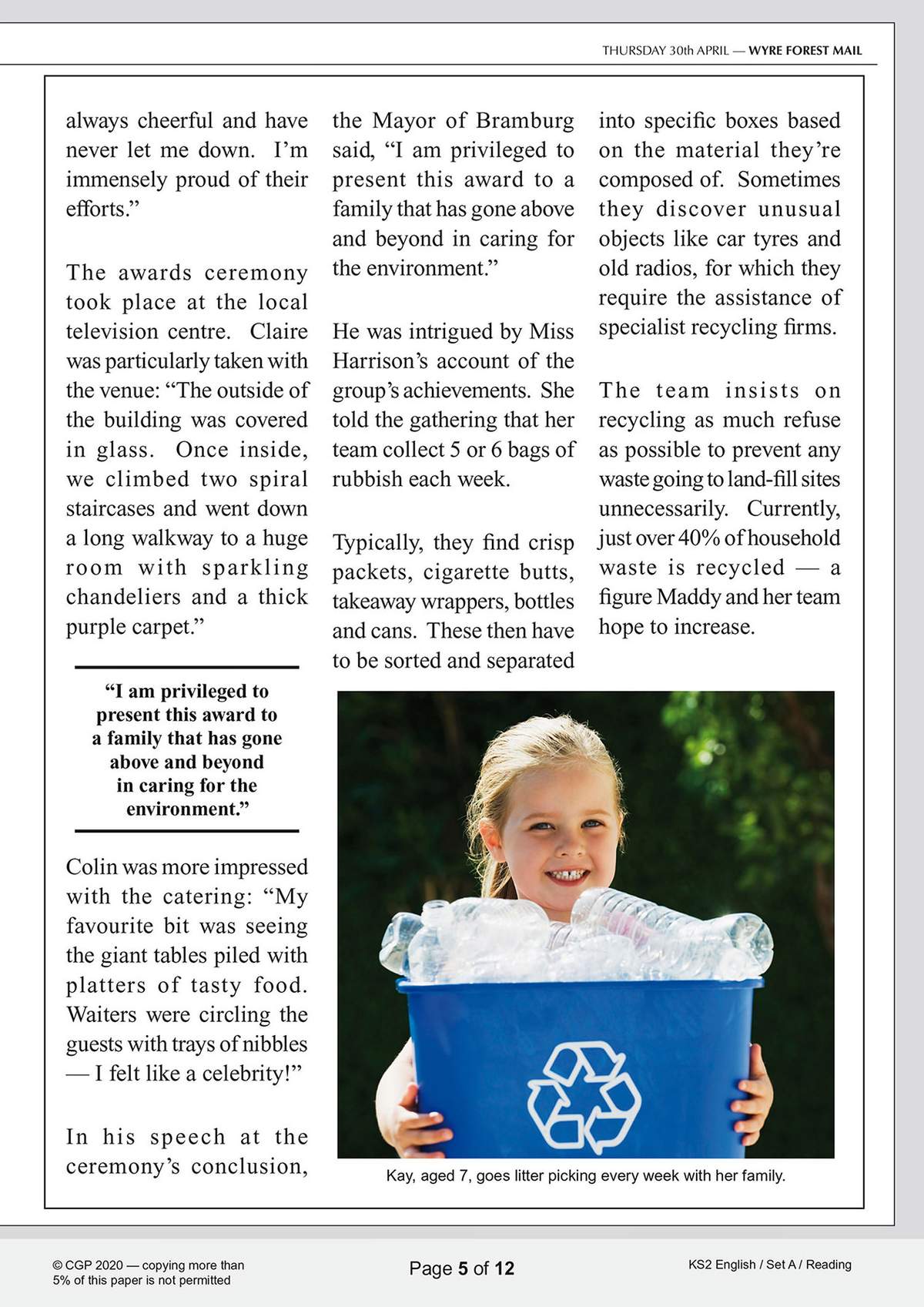 A news report about an environmental awards ceremony, featuring a photo of a girl recycling