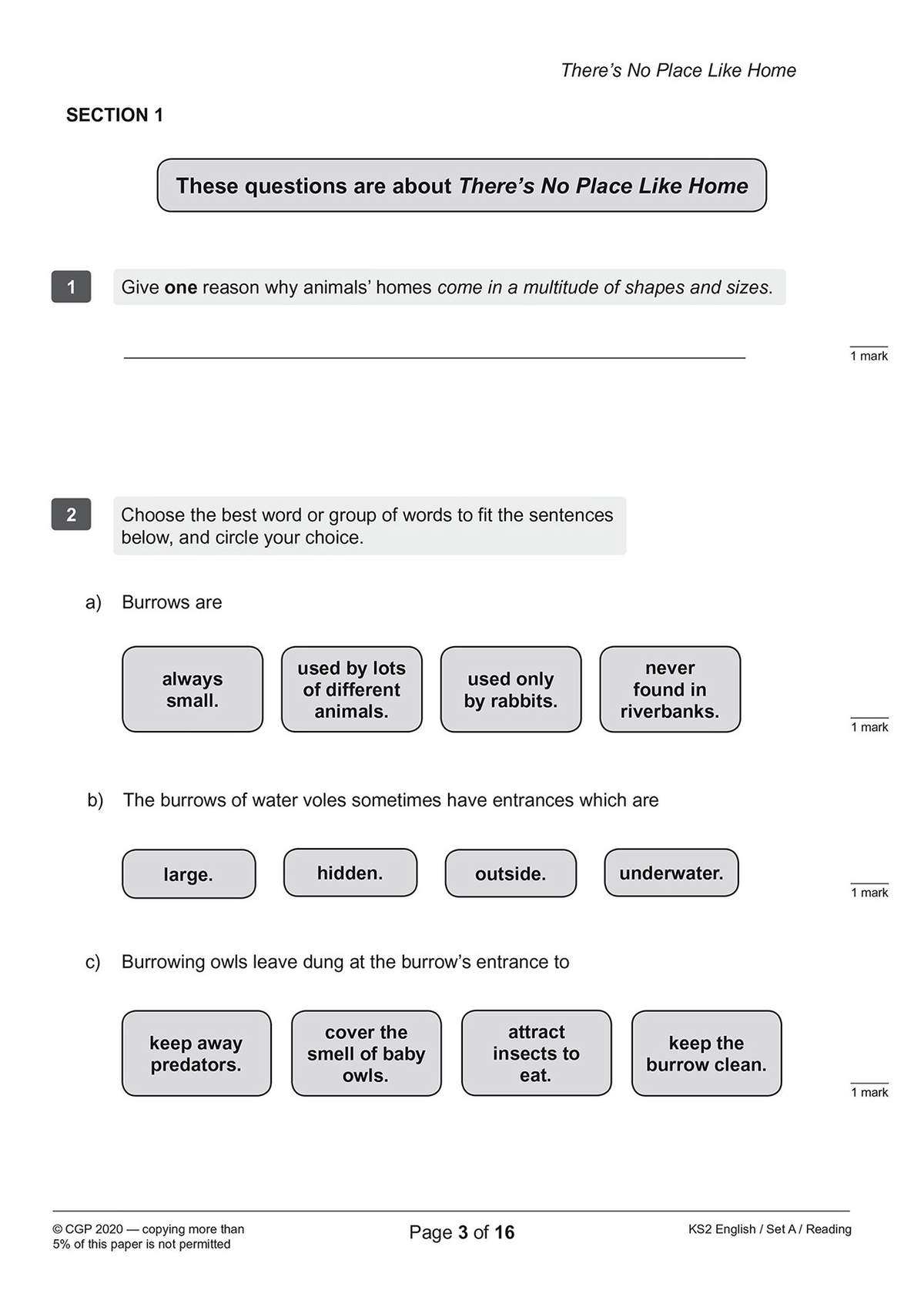 A reading comprehension task on animal homes, requiring a short written reason and multiple-choice answers about burrows