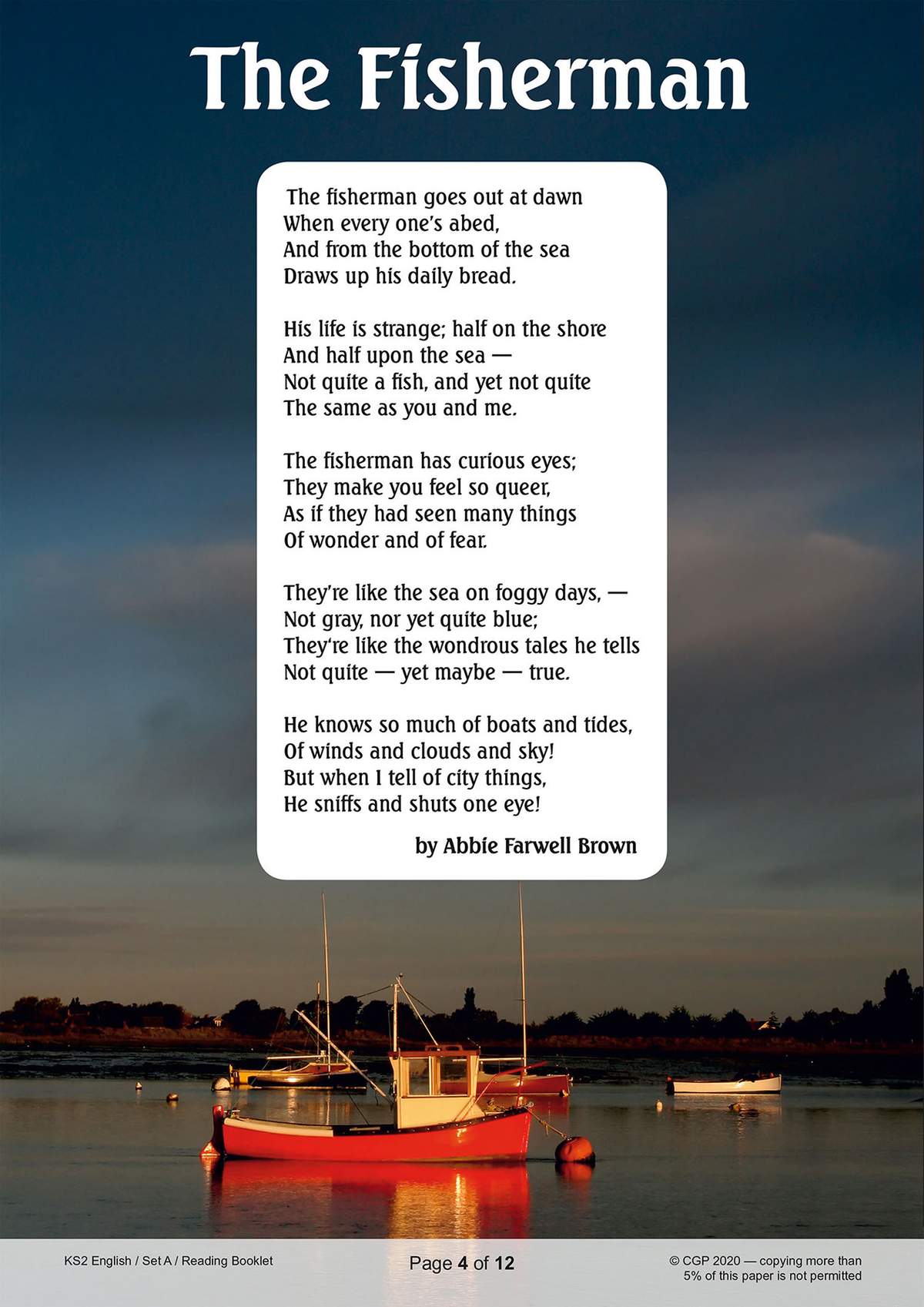 A poem titled The Fisherman by Abbie Farwell Brown, set against a backdrop of fishing boats at dusk