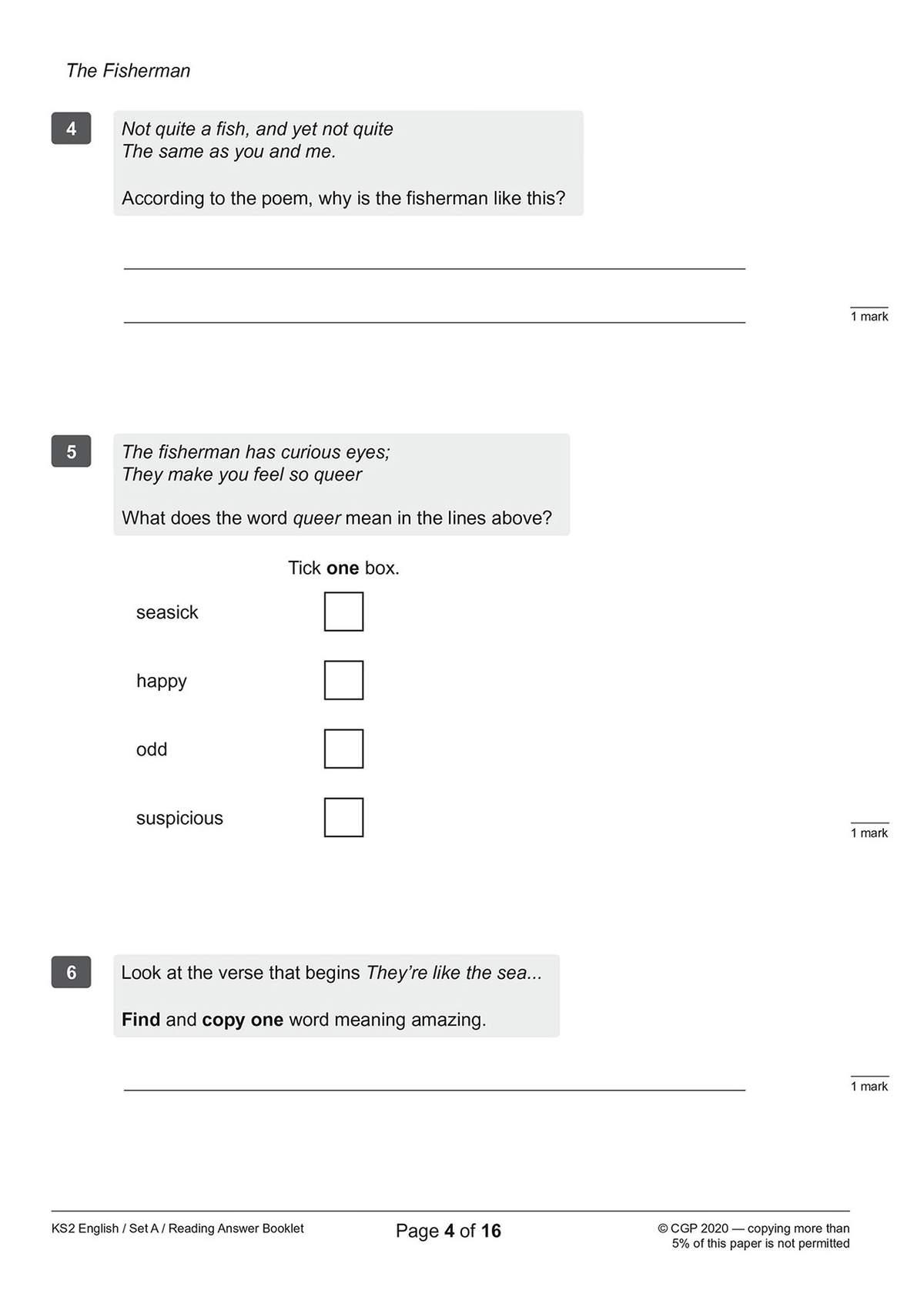 Three questions on a poem about a fisherman, requiring a short written answer, a multiple-choice selection, and a word copy