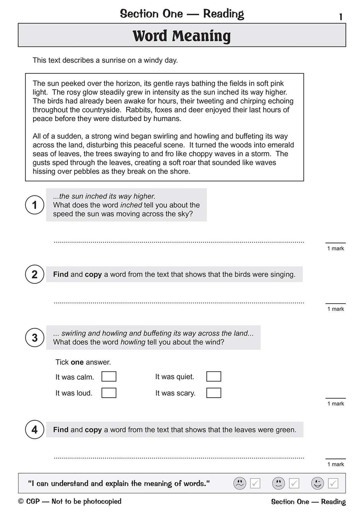 A reading passage about a sunrise is followed by four questions asking children to find words and explain meanings