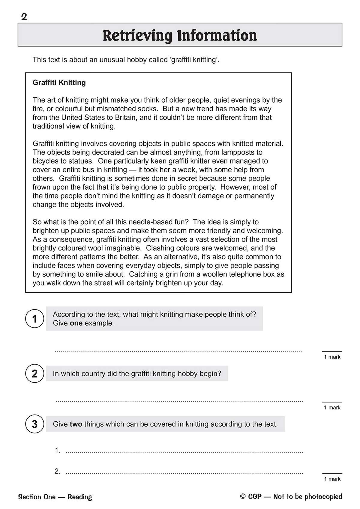A reading passage about graffiti knitting is followed by three short questions requiring children to extract specific details