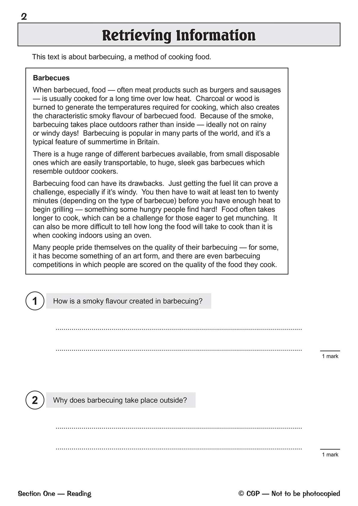 A reading passage about barbecuing is followed by two short-answer questions to test information retrieval