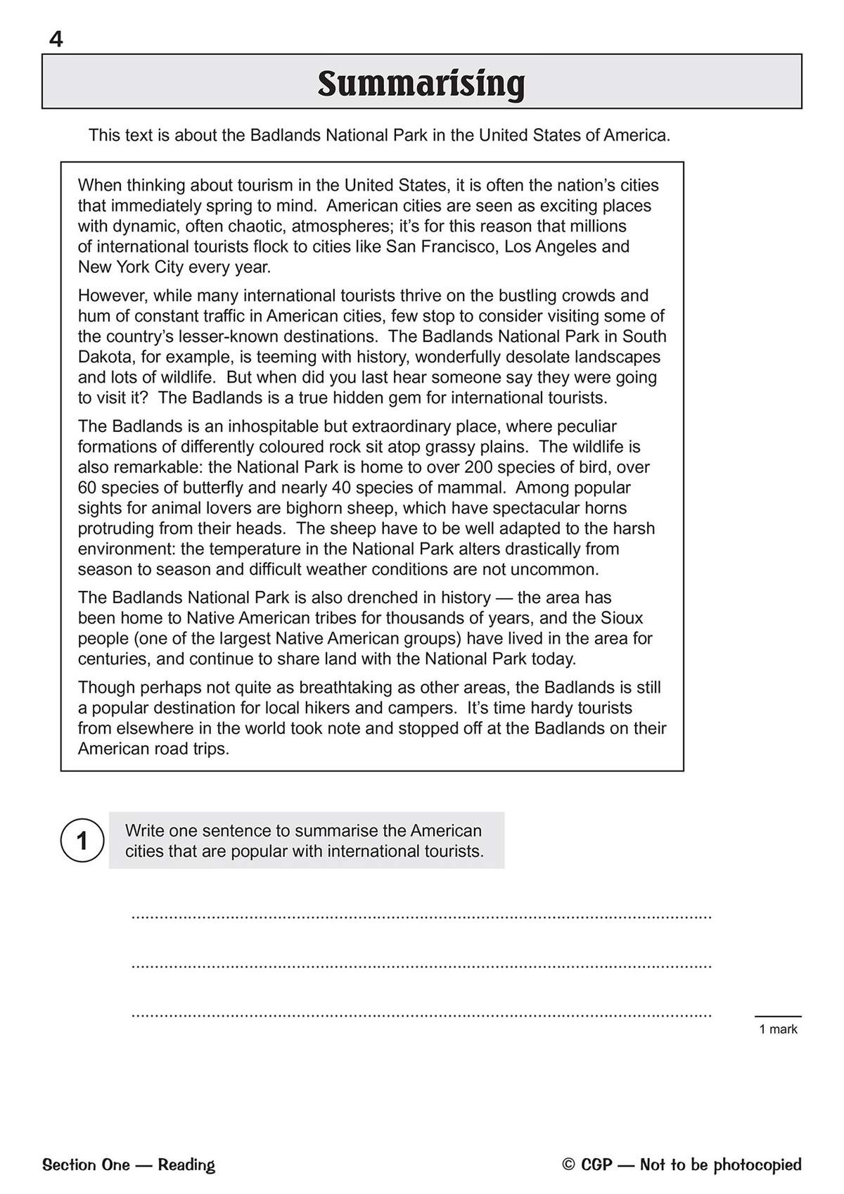 A reading passage about the Badlands National Park is followed by a task to write one sentence summarising popular American