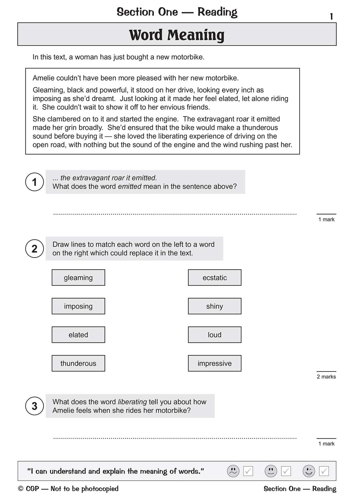 A short text about a woman buying a motorbike, followed by three questions to test understanding of key vocabulary