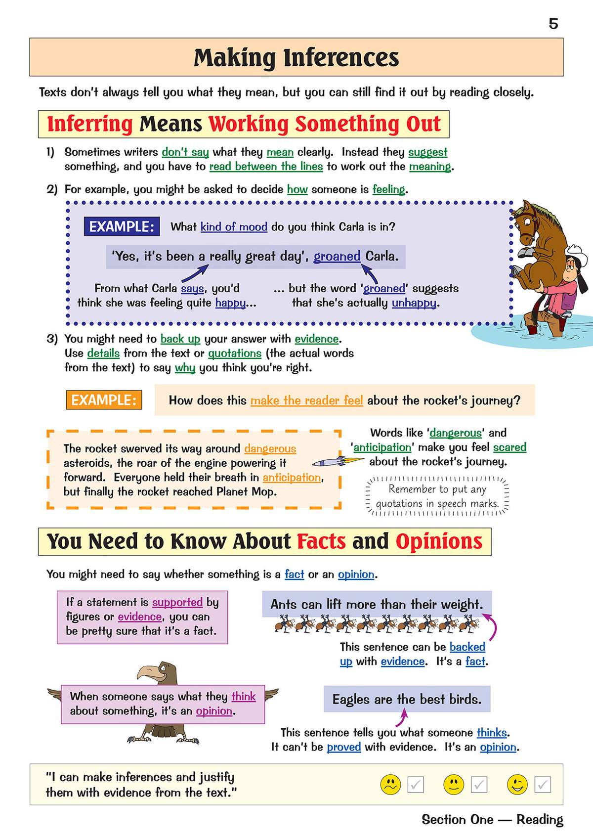 Clear notes on making inferences and spotting facts versus opinions, with cartoons to illustrate the concepts