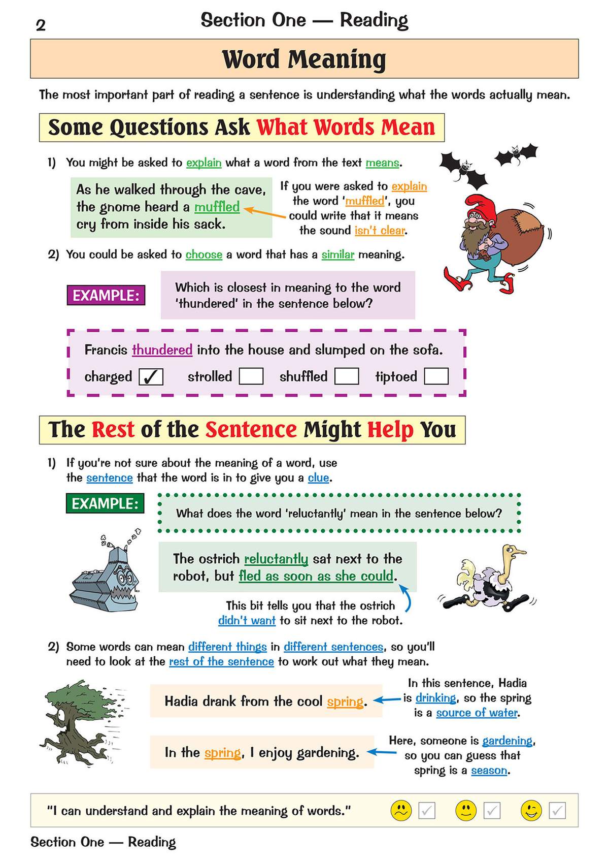 Clear examples show how to guess word meanings from context, using cartoons to illustrate each point