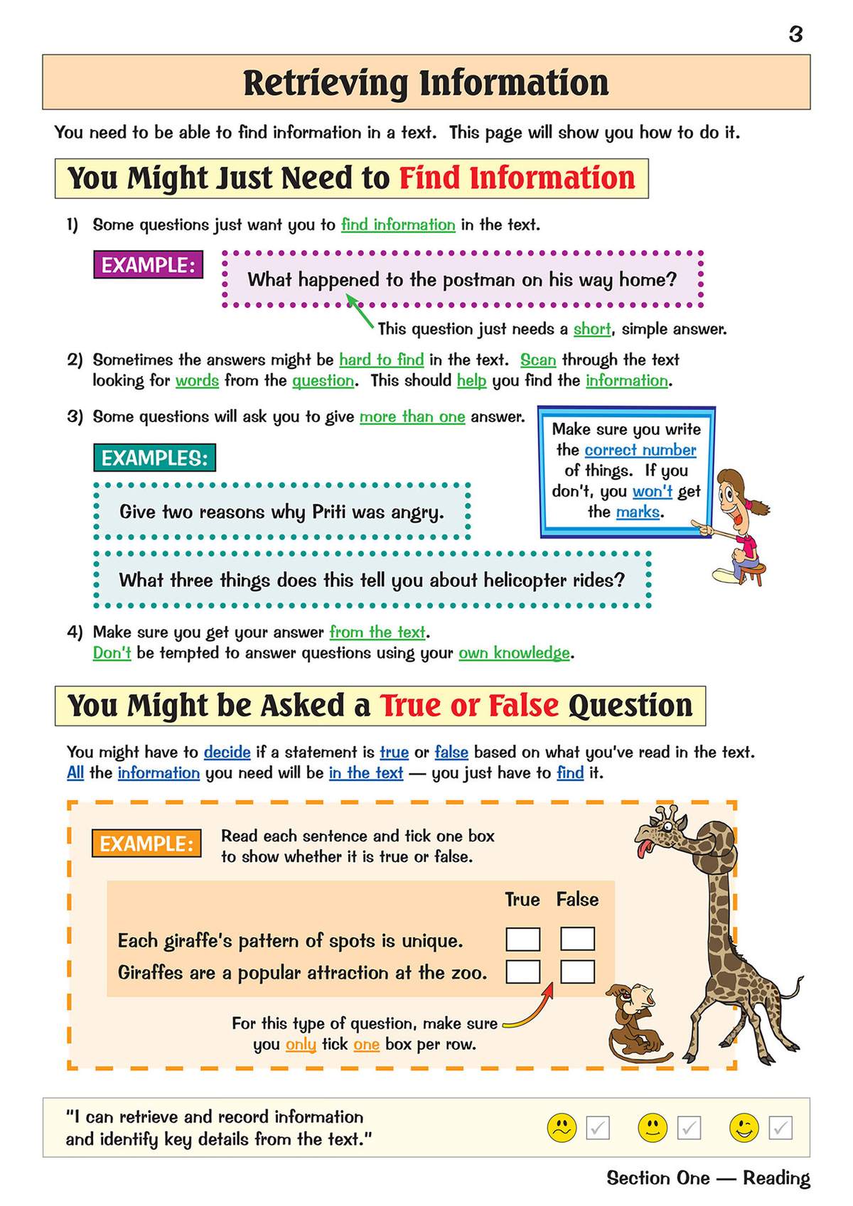 Clear notes on how to find information in text, with examples and a cartoon giraffe to keep it engaging
