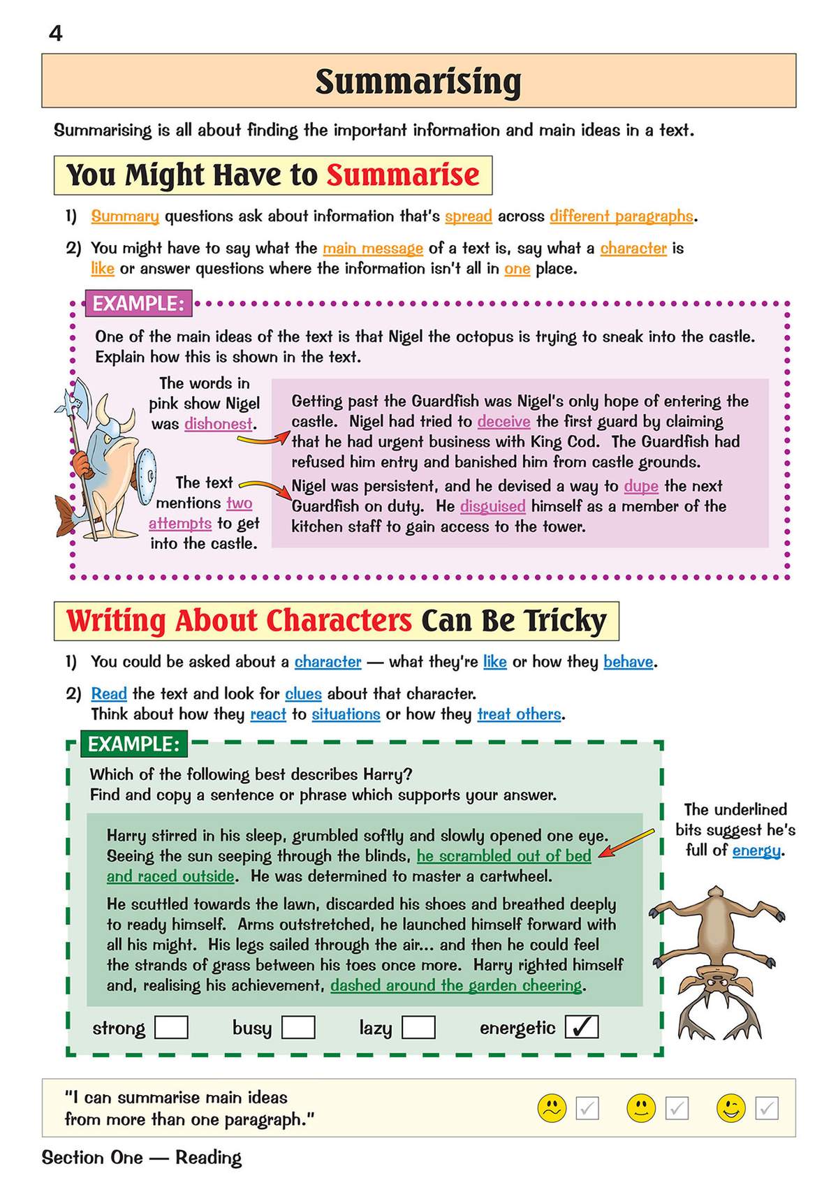 This page explains how to find main ideas and character traits in texts, using examples with cartoon illustrations