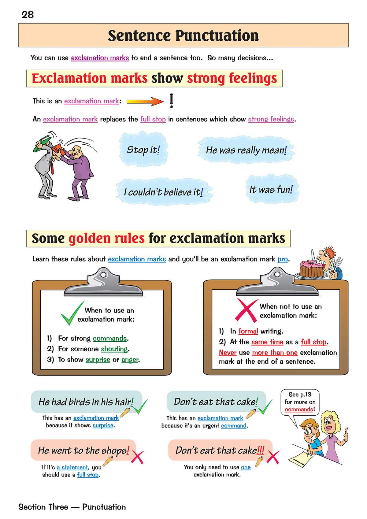 Clear rules and examples show when to use exclamation marks for commands, shouting and surprise