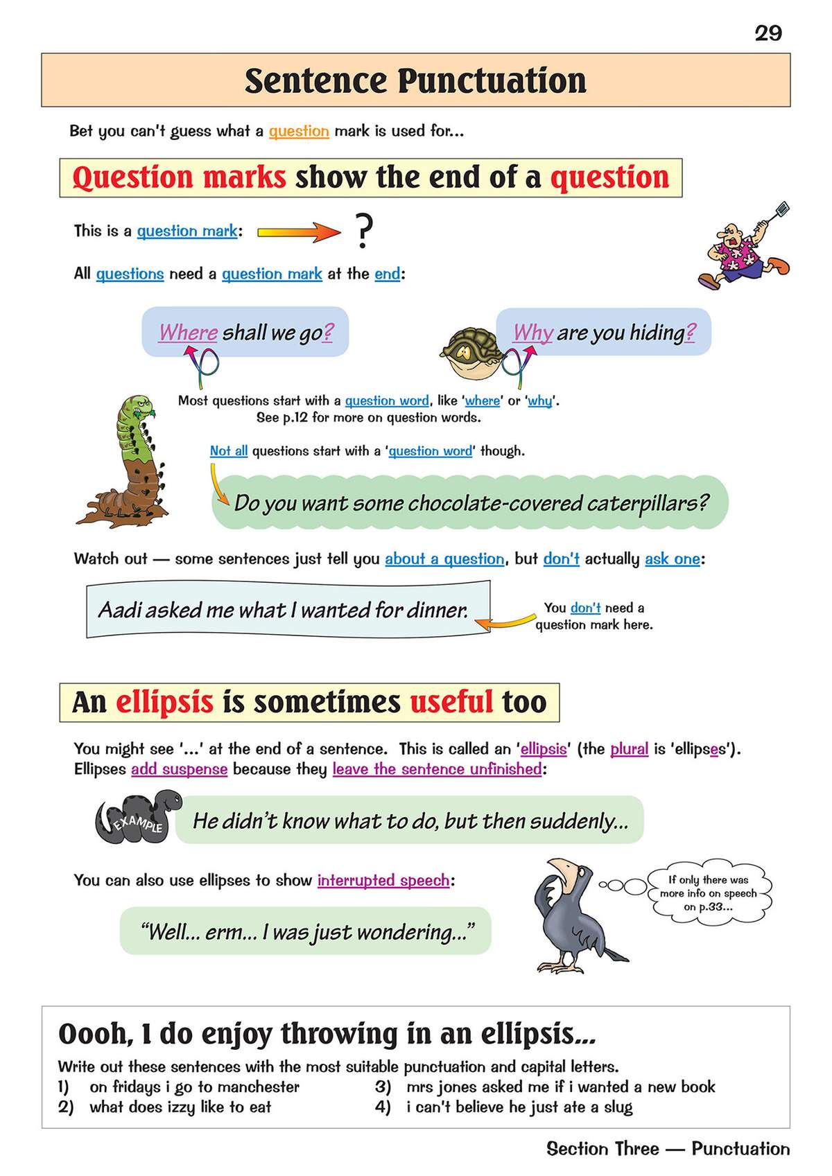 Clear rules on question marks and ellipses, with examples and a reference to a previous page for more on question words