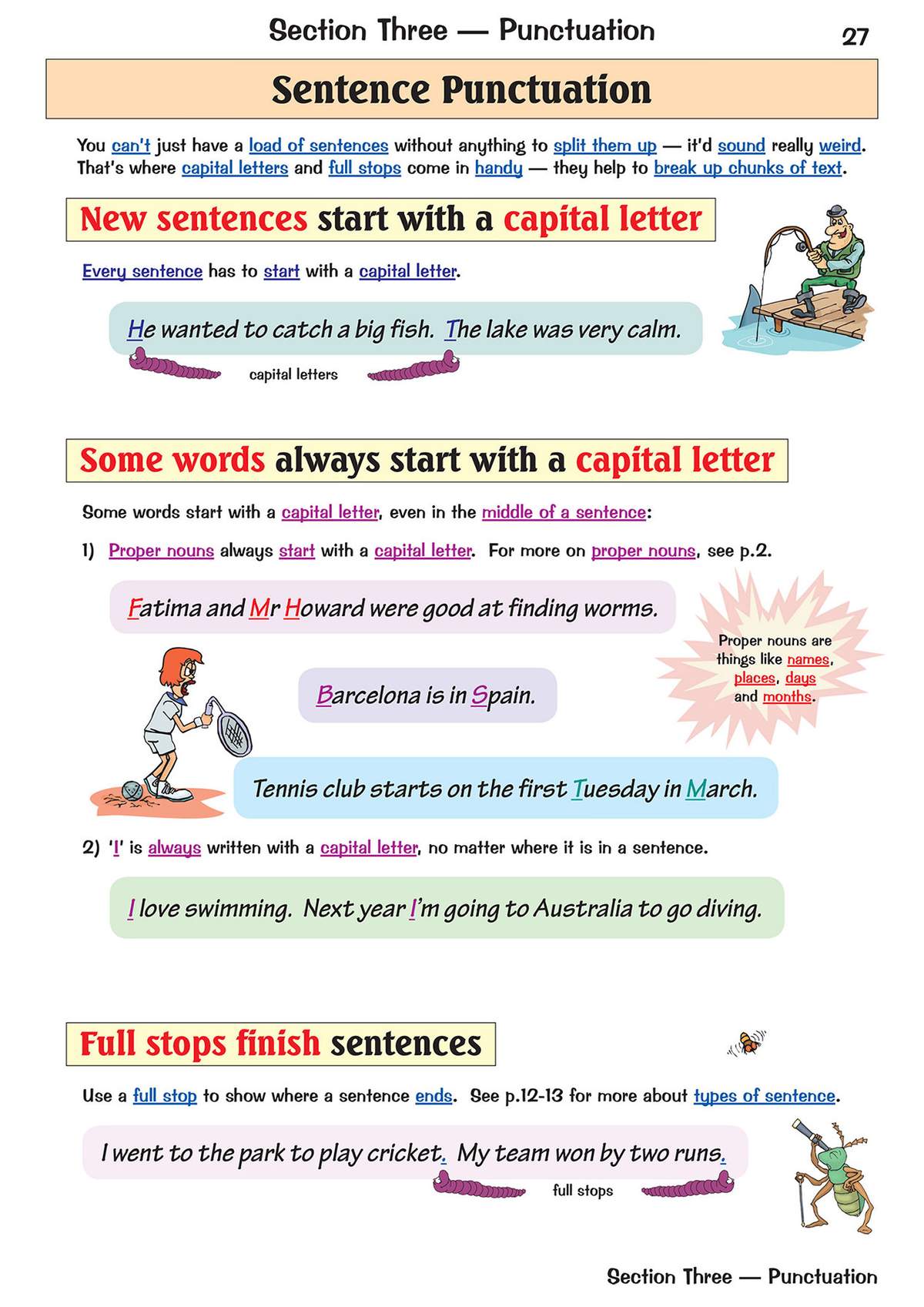 Clear rules on capital letters and full stops, with examples and cartoons to illustrate the points