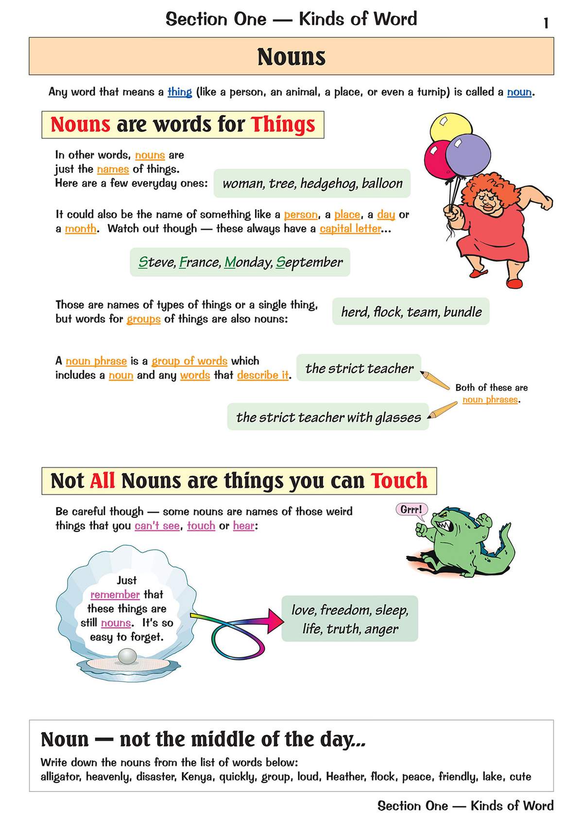 Clear notes on nouns, including examples of people, places, groups and abstract ideas, with cartoons to keep it light