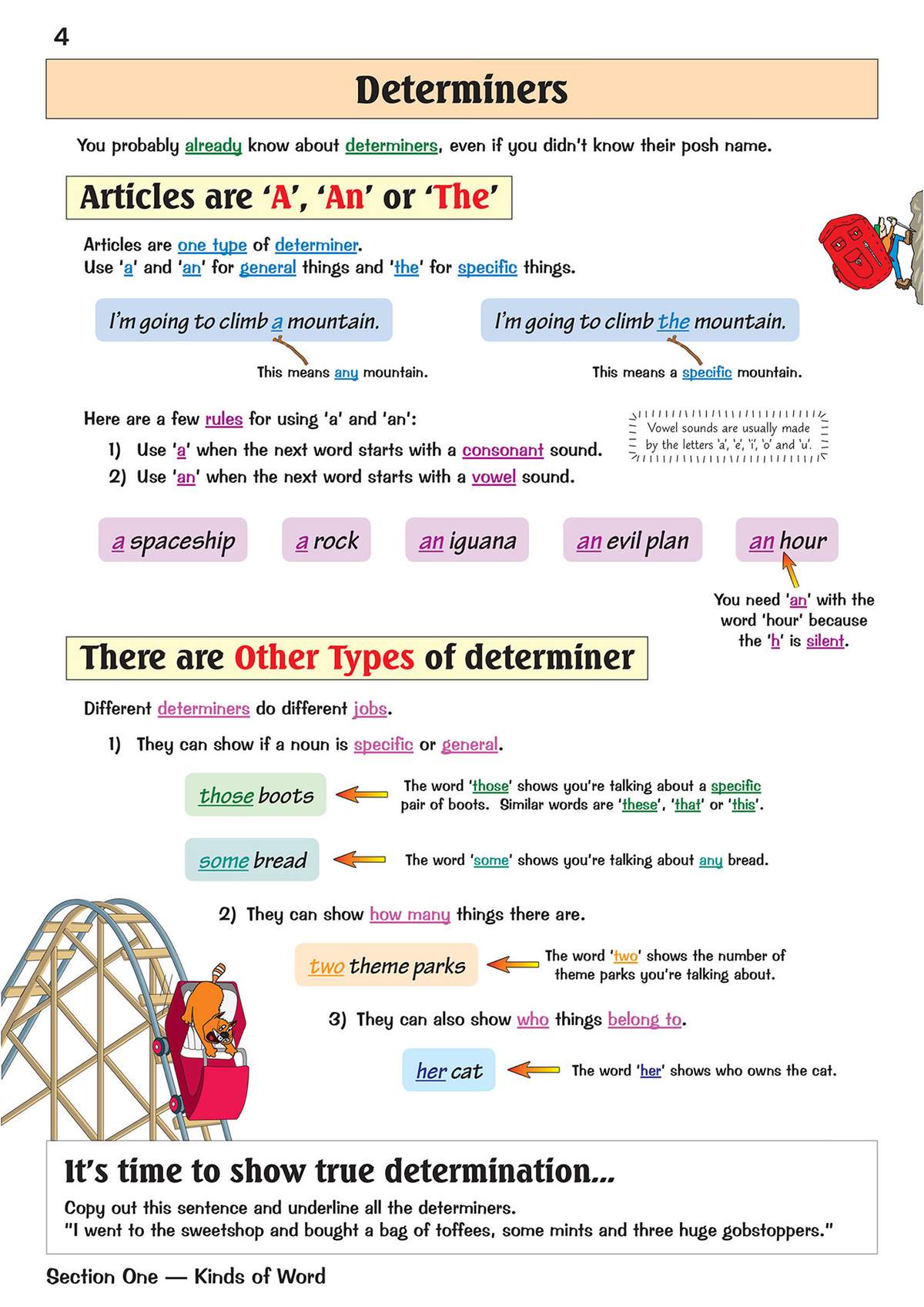 Clear rules on using 'a', 'an' and 'the', with examples and a final task to underline determiners in a sentence