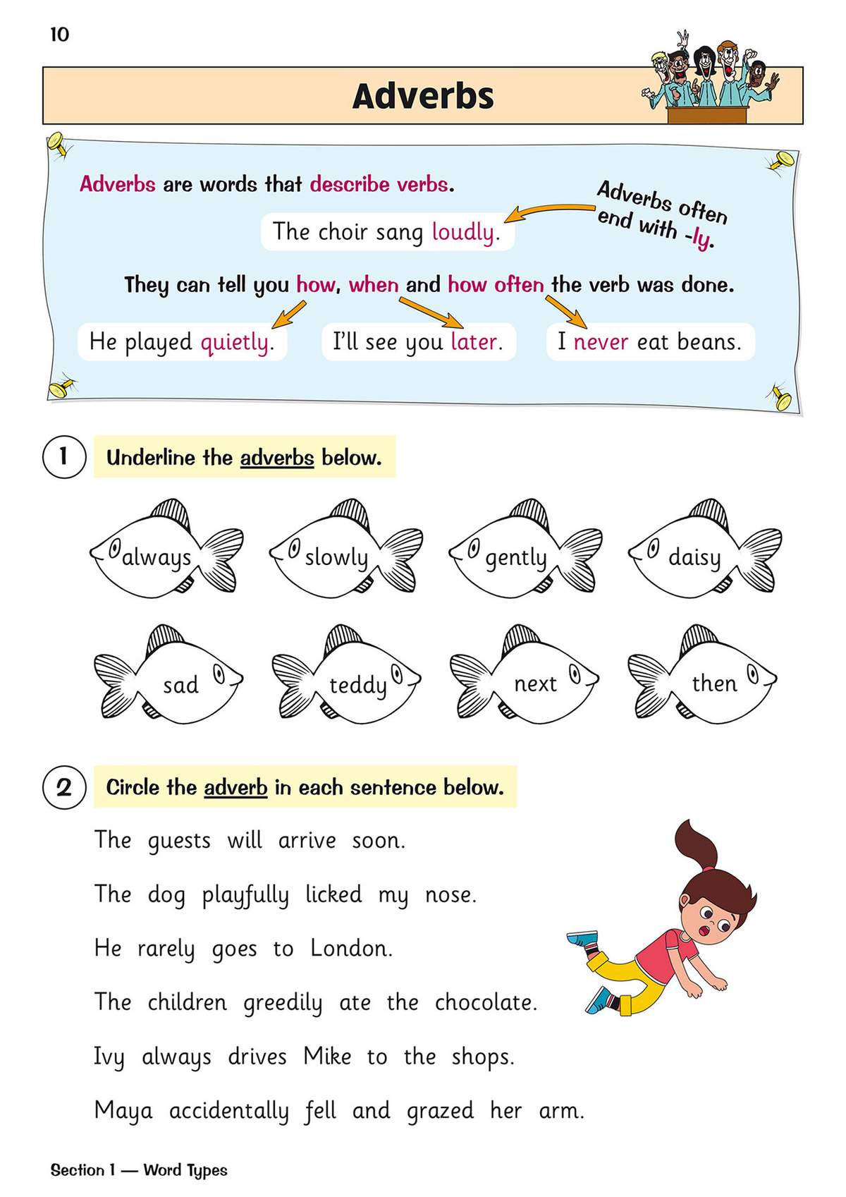 Children identify adverbs by underlining fish-shaped words and circling them in sentences, building grammar recognition