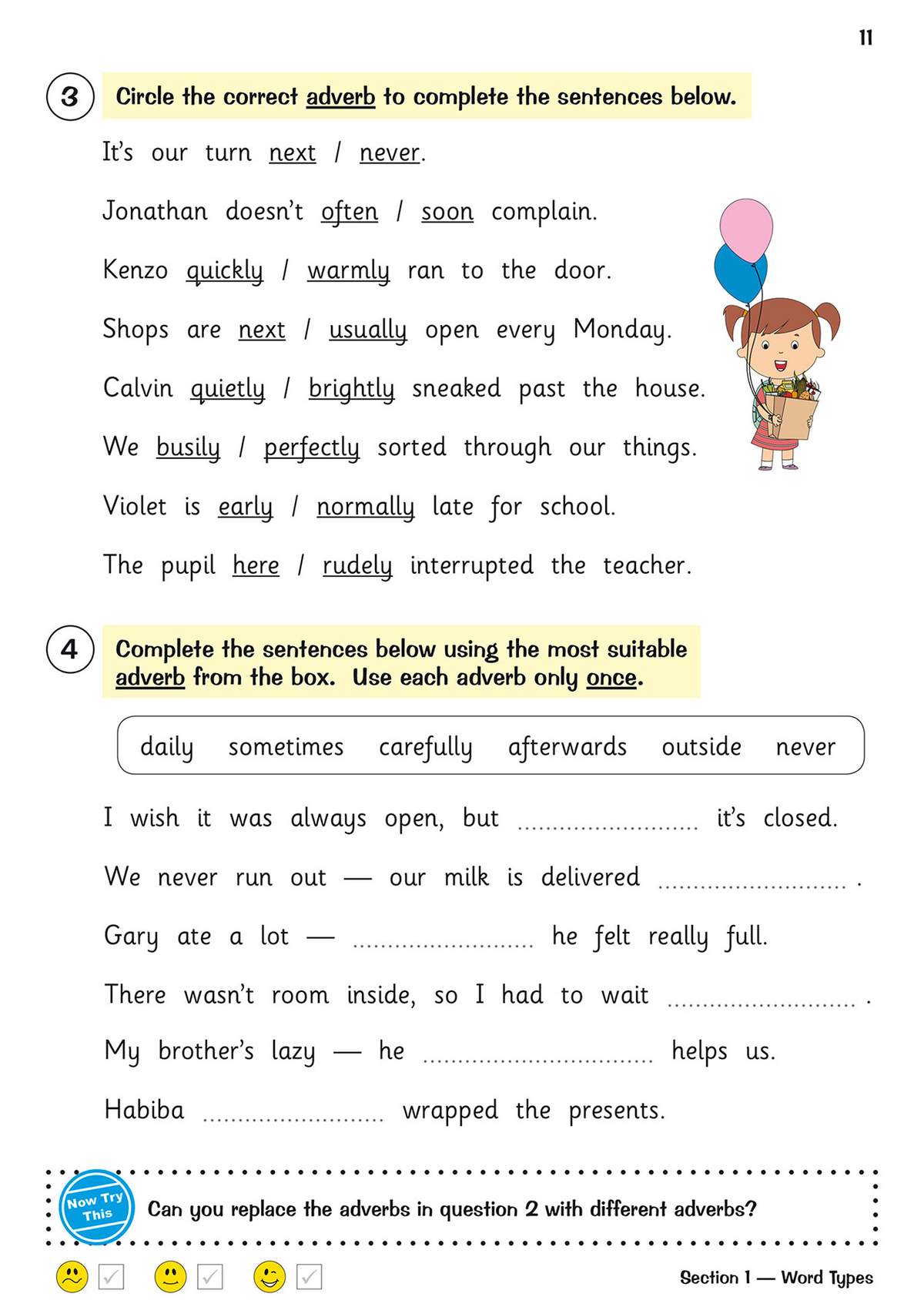 Children circle correct adverbs in sentences and fill in blanks using a word box to practise grammar