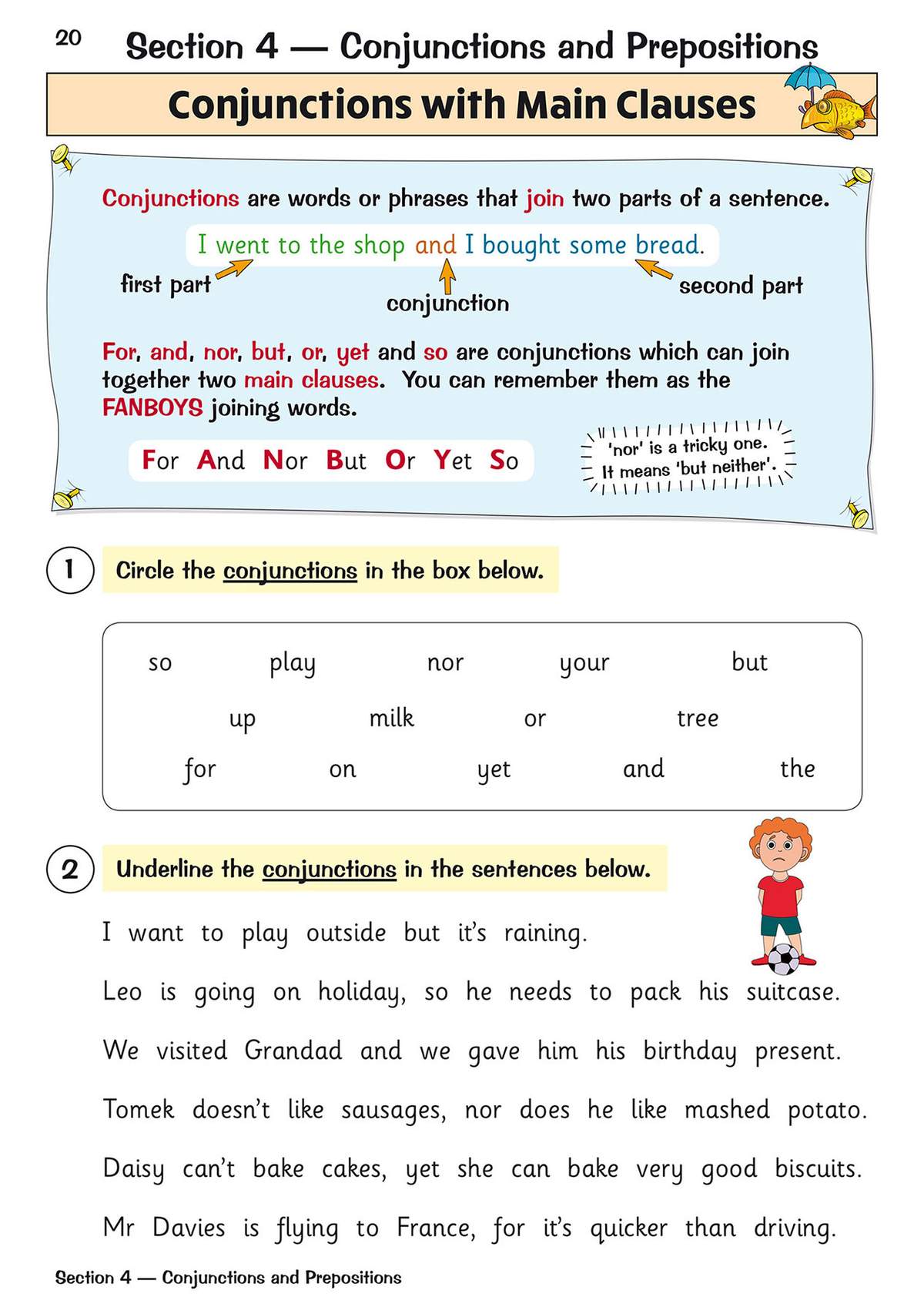 Children circle conjunctions in a word box and underline them in sentences to identify joining words