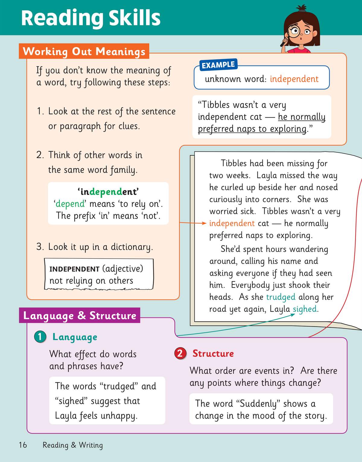 A page teaching how to guess word meanings and analyse story structure using a short text about a missing cat