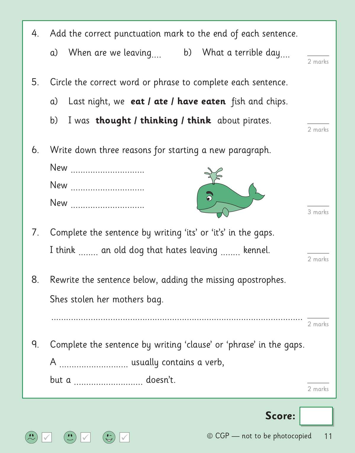Children add punctuation, circle correct words, write reasons, and complete sentences with apostrophes and grammar terms
