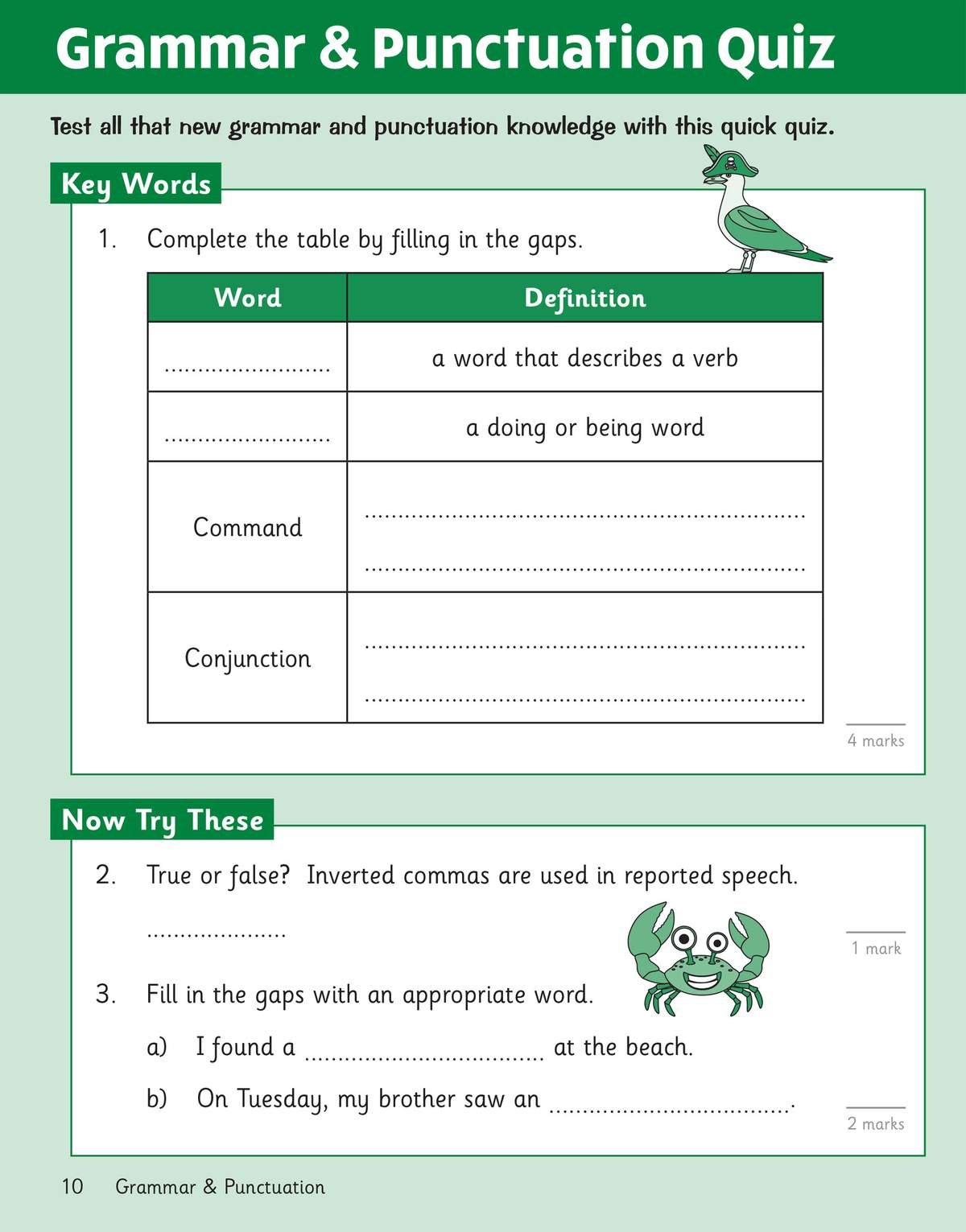 A quick quiz where children fill in grammar definitions and decide if a punctuation rule is true or false