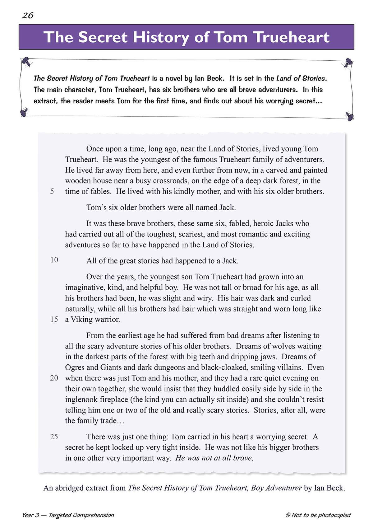 An extract from a novel about a boy named Tom Trueheart, introducing his family and his secret