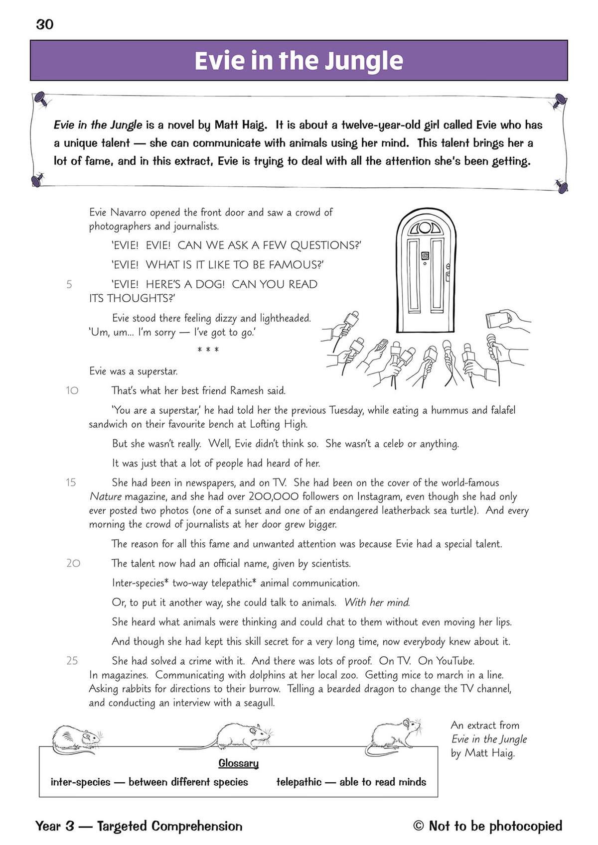 A story extract about a girl with telepathic powers, featuring a door scene and cartoon mice at the bottom