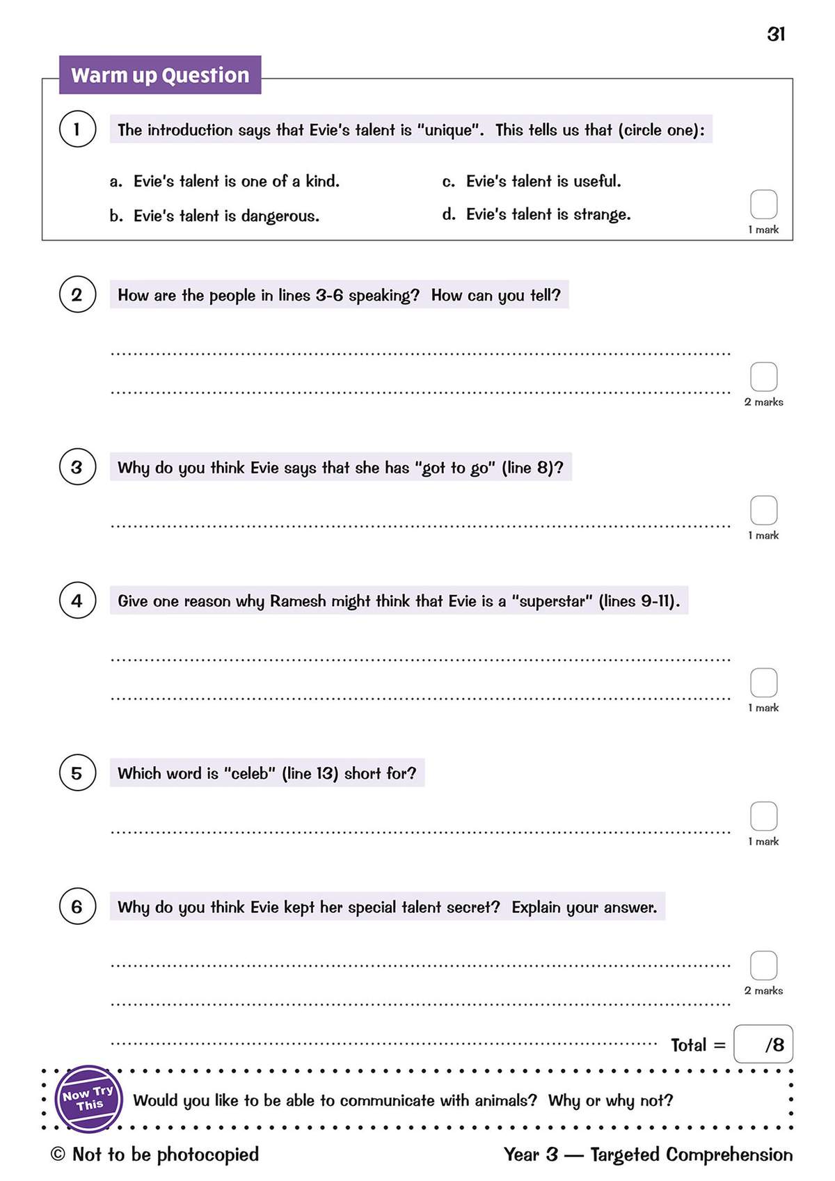 Six comprehension questions on a text about a girl named Evie, including a multiple-choice starter and short-answer tasks