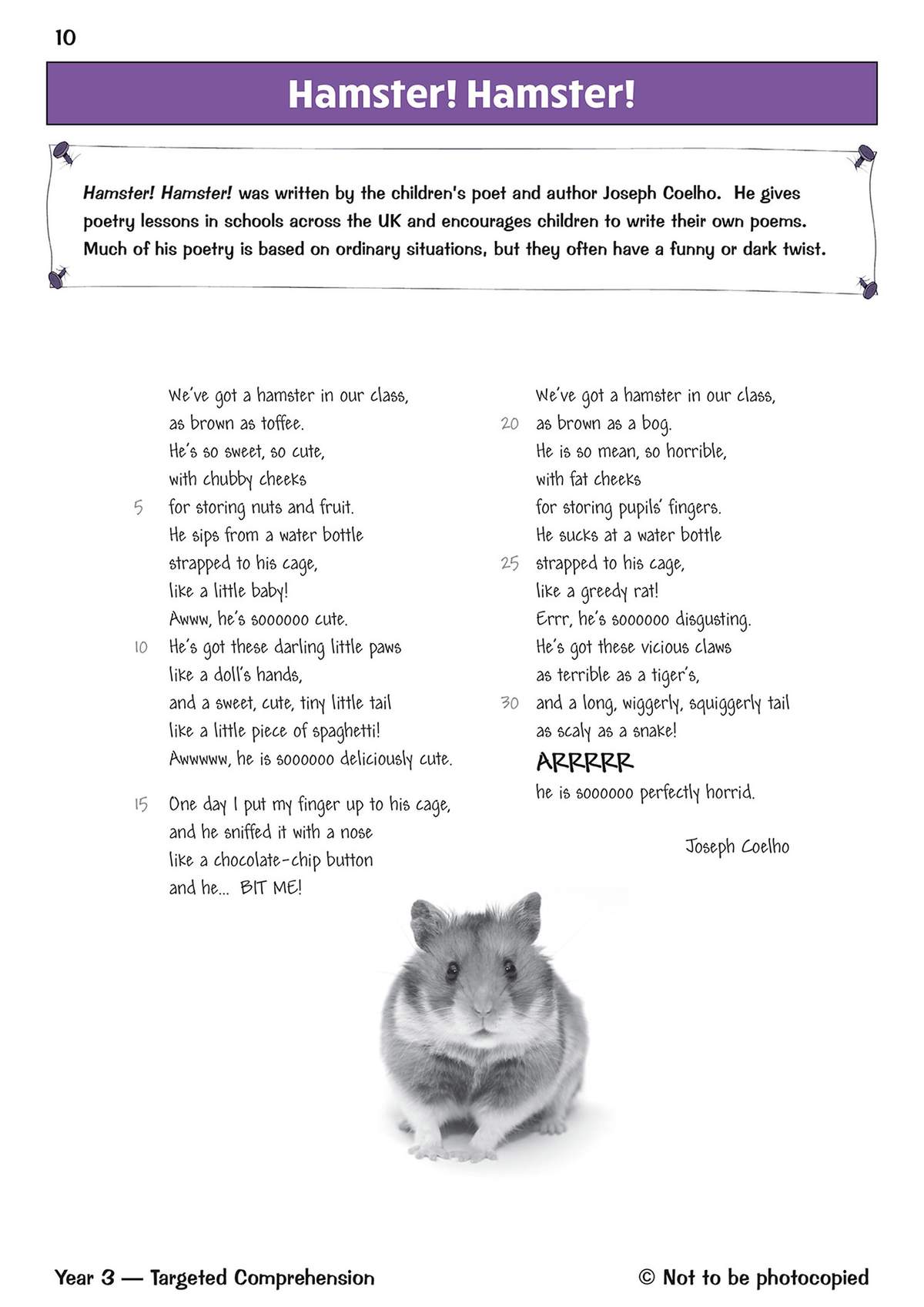 Two contrasting poems about a hamster, one cute and one mean, with a photo of a hamster at the bottom