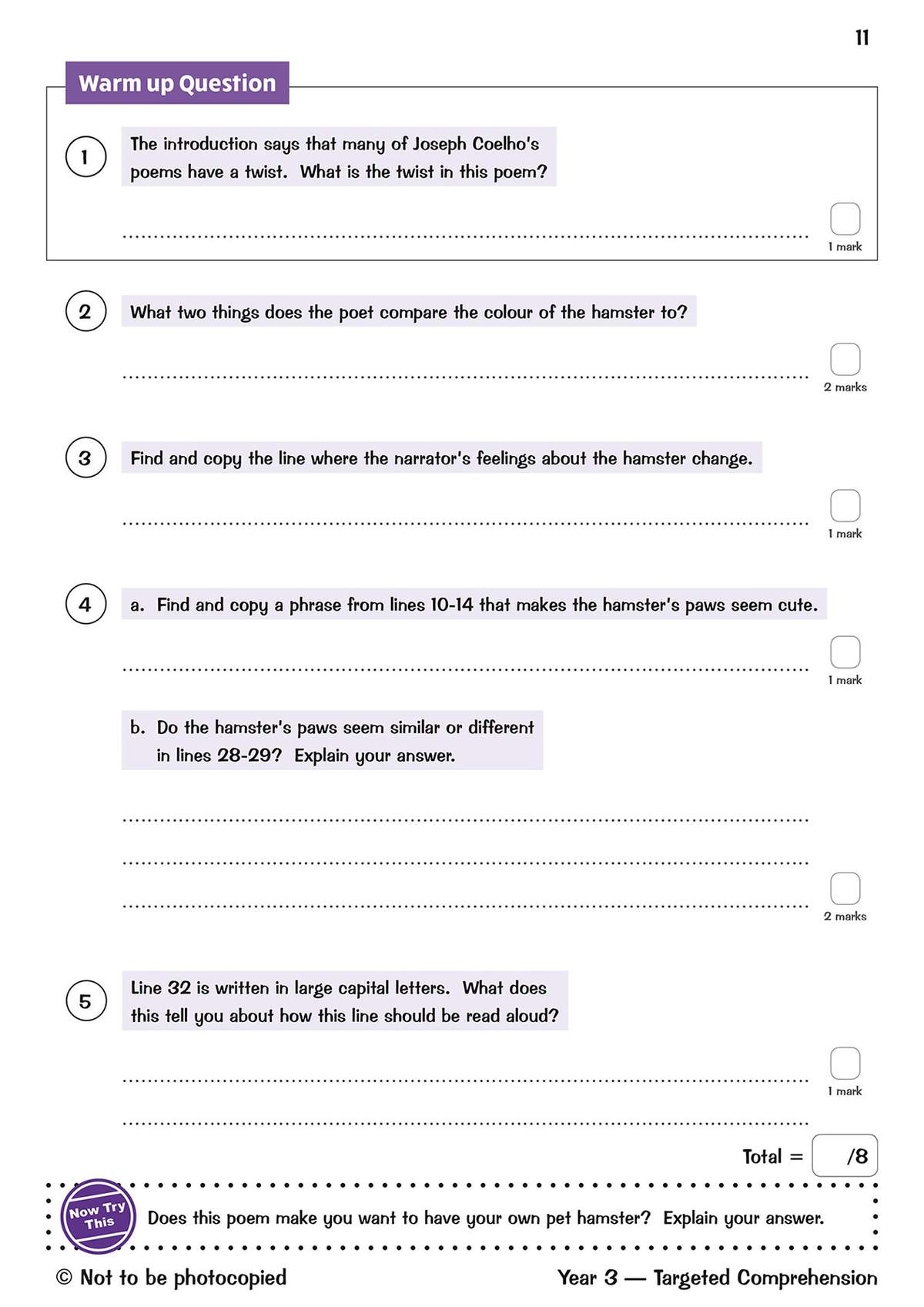 Five questions on a poem about a hamster, asking children to identify details, copy lines, and explain their answers